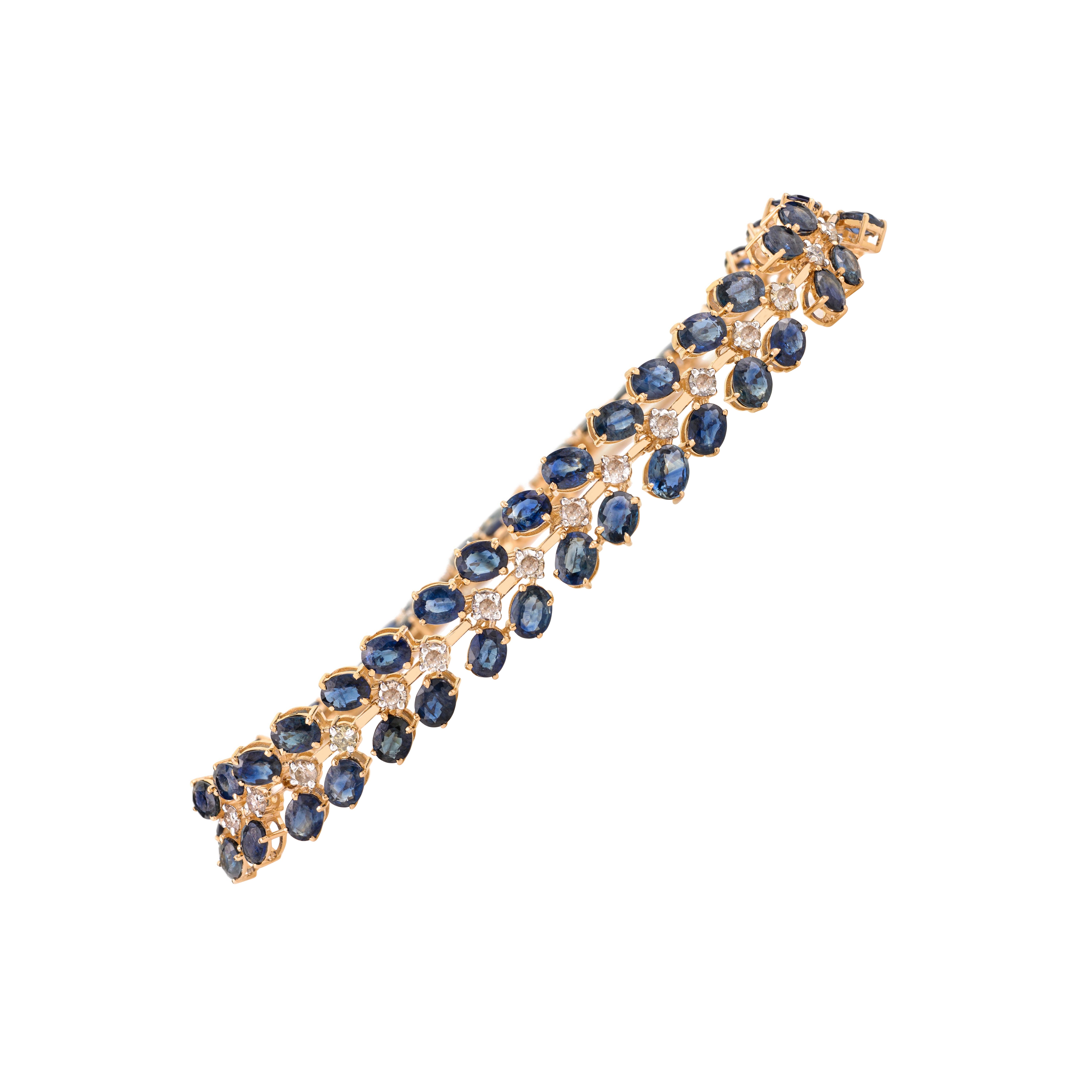 Exquisite 14.84 CTW Blue Sapphire Diamond Tennis Bracelet en or jaune 18K
