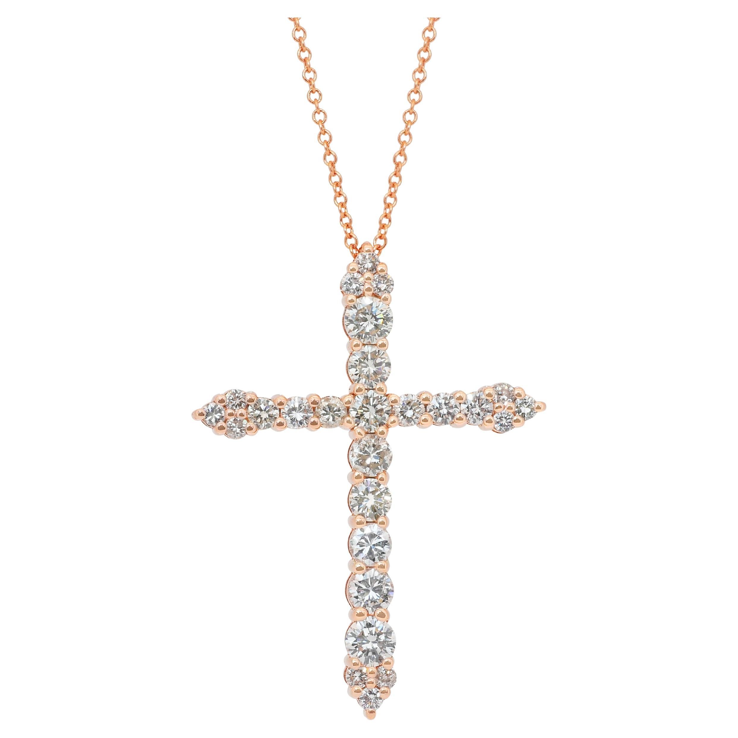 Exquisito Collar de Diamantes de 1,49ct con Colgante de Cruz en Oro Rosa de 18k en venta