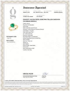 Exquisite 14K Gold Bezel Dome Ring Trillion Cabochon Colombian Emerald