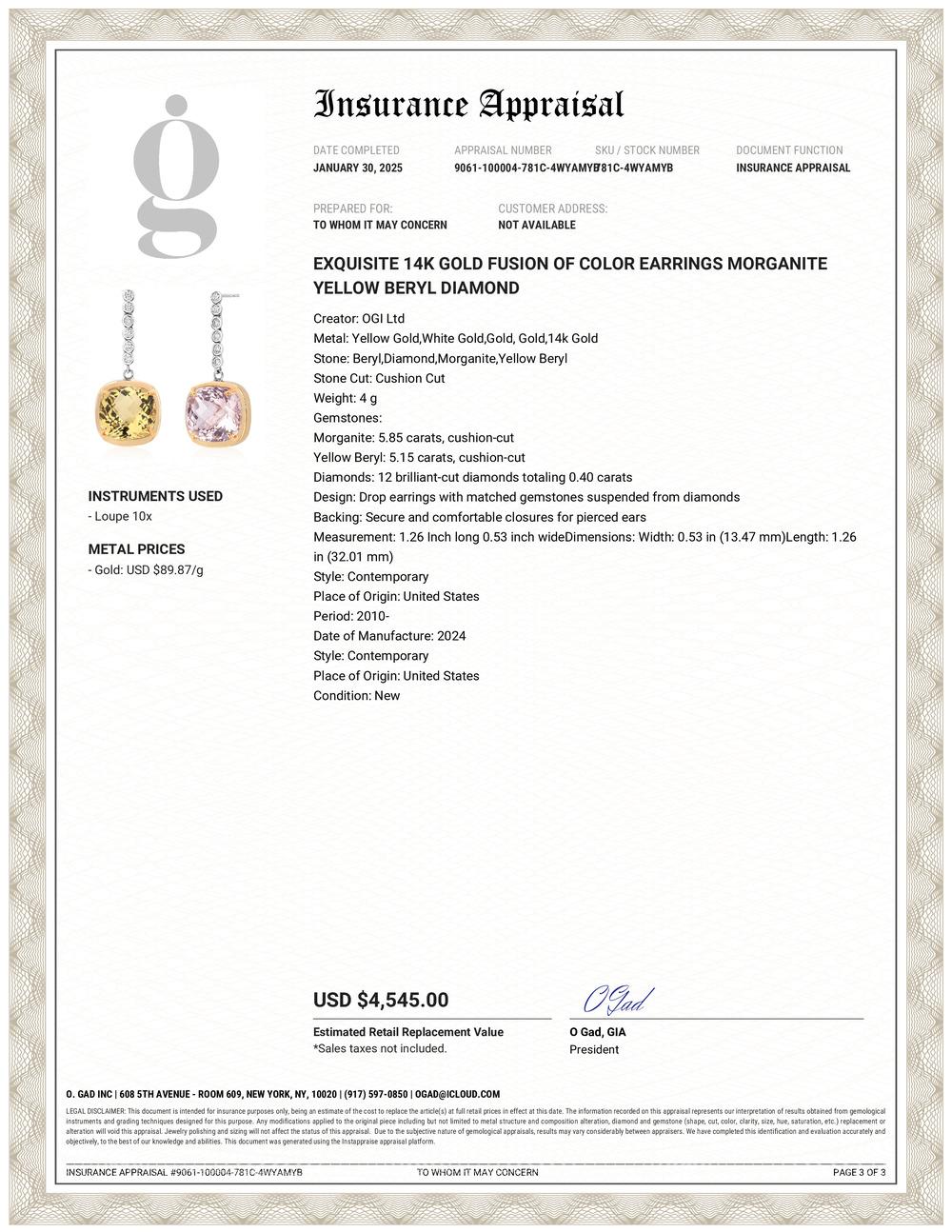 Contemporary Exquisite 14K Gold Fusion of Color Earrings Morganite Yellow Beryl Diamond For Sale