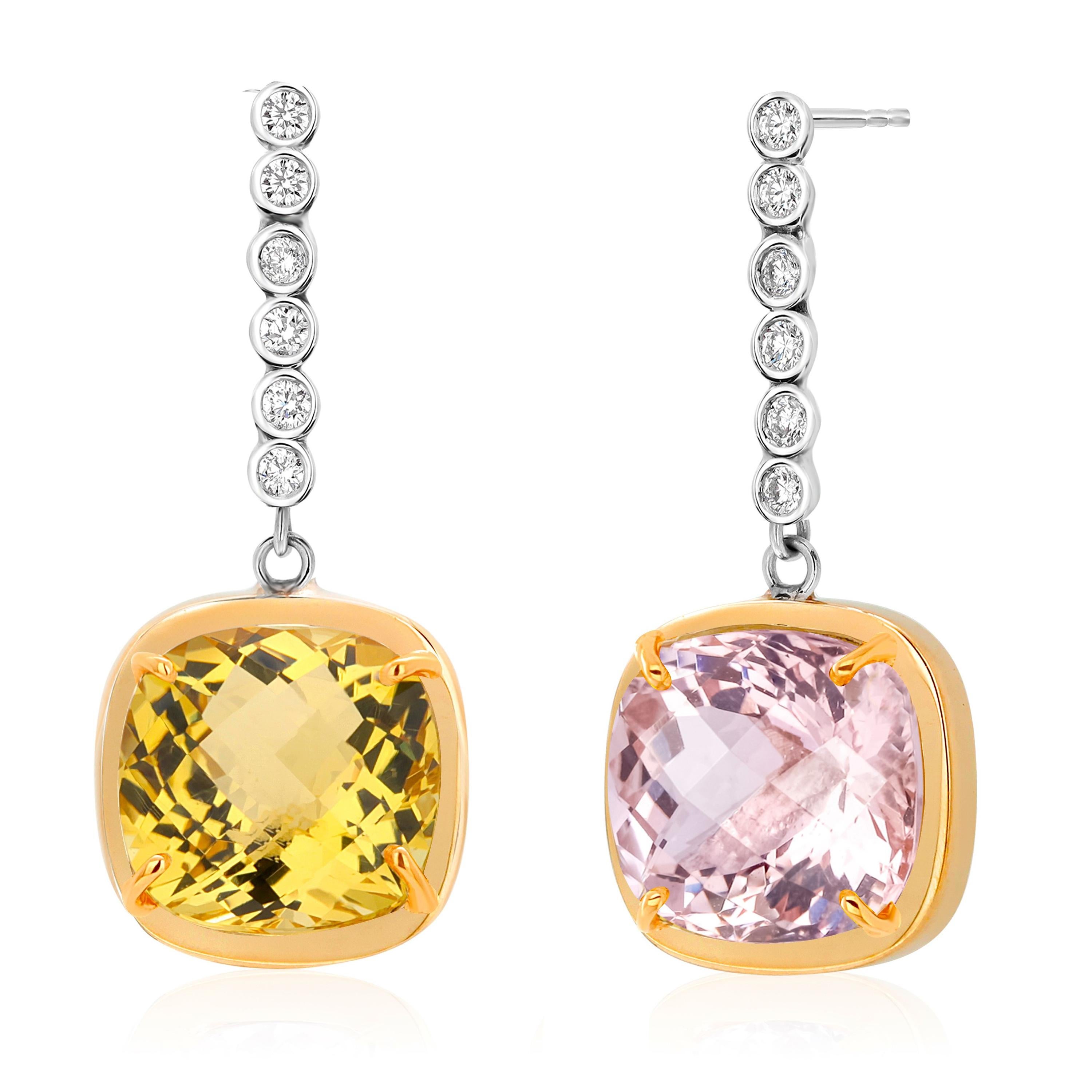 Exquisite 14K Gold Fusion of Color Earrings Morganite Yellow Beryl Diamond For Sale 3