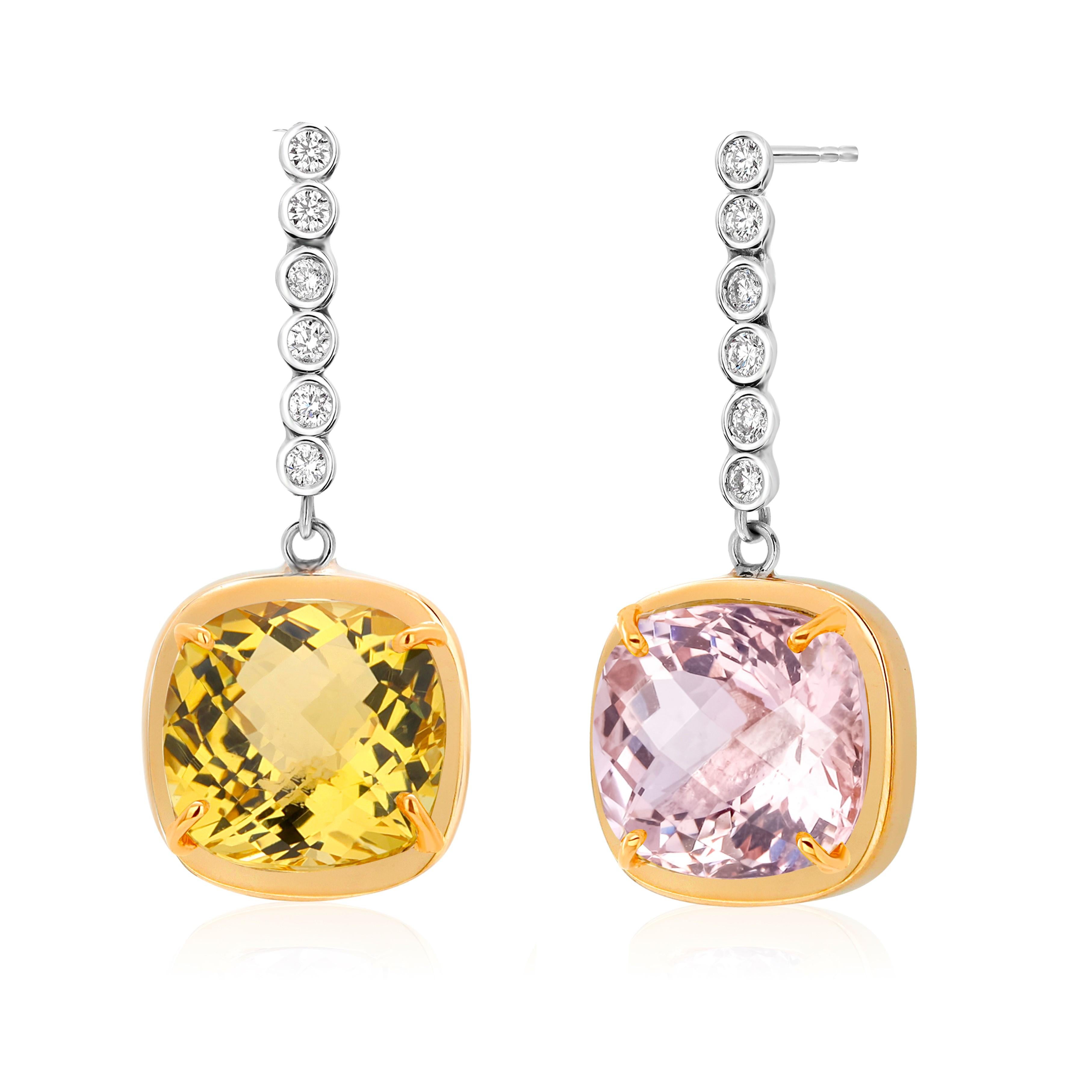 Exquisite 14K Gold Fusion of Color Earrings Morganite Yellow Beryl Diamond For Sale 5