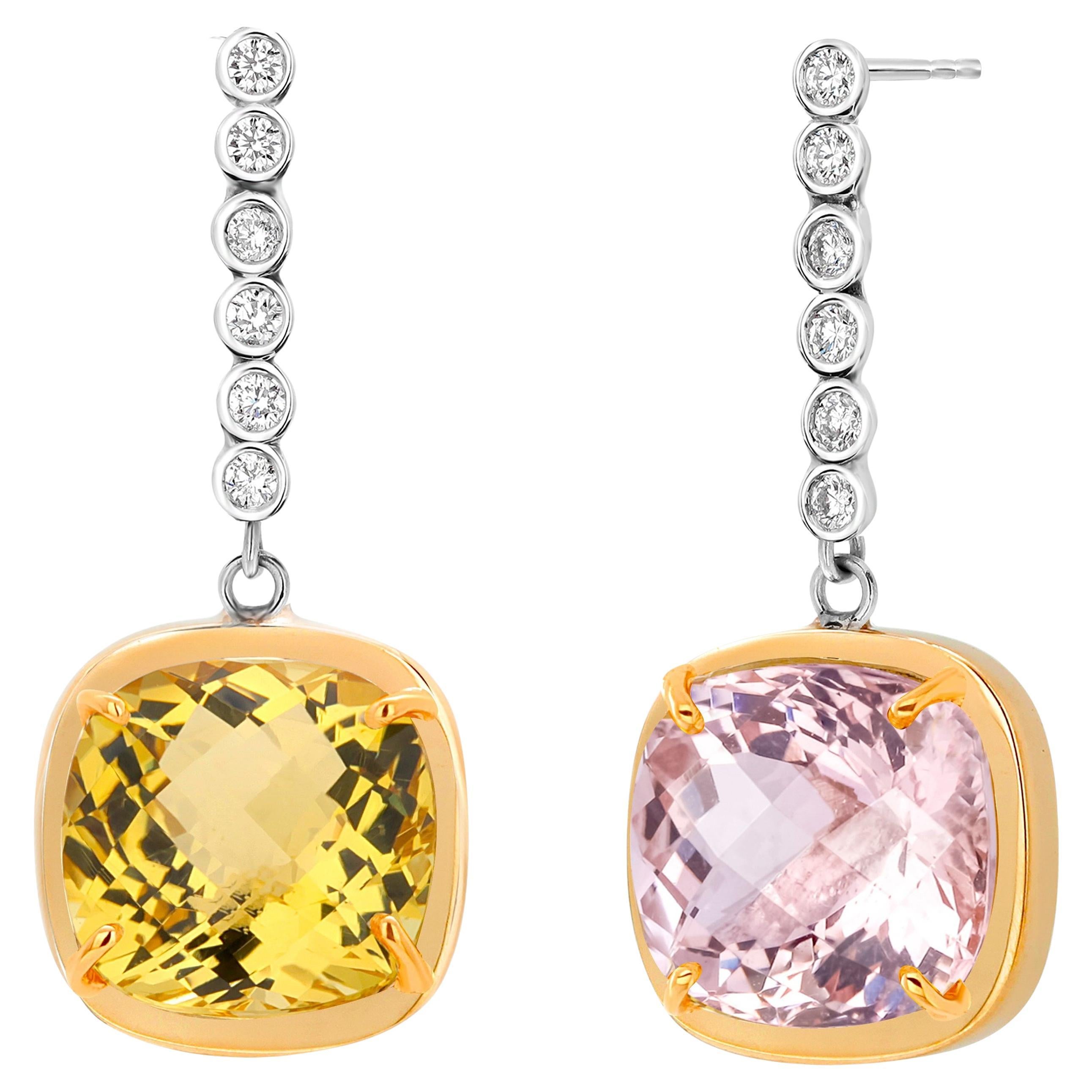 Exquisite 14K Gold Fusion of Color Earrings Morganite Yellow Beryl Diamond