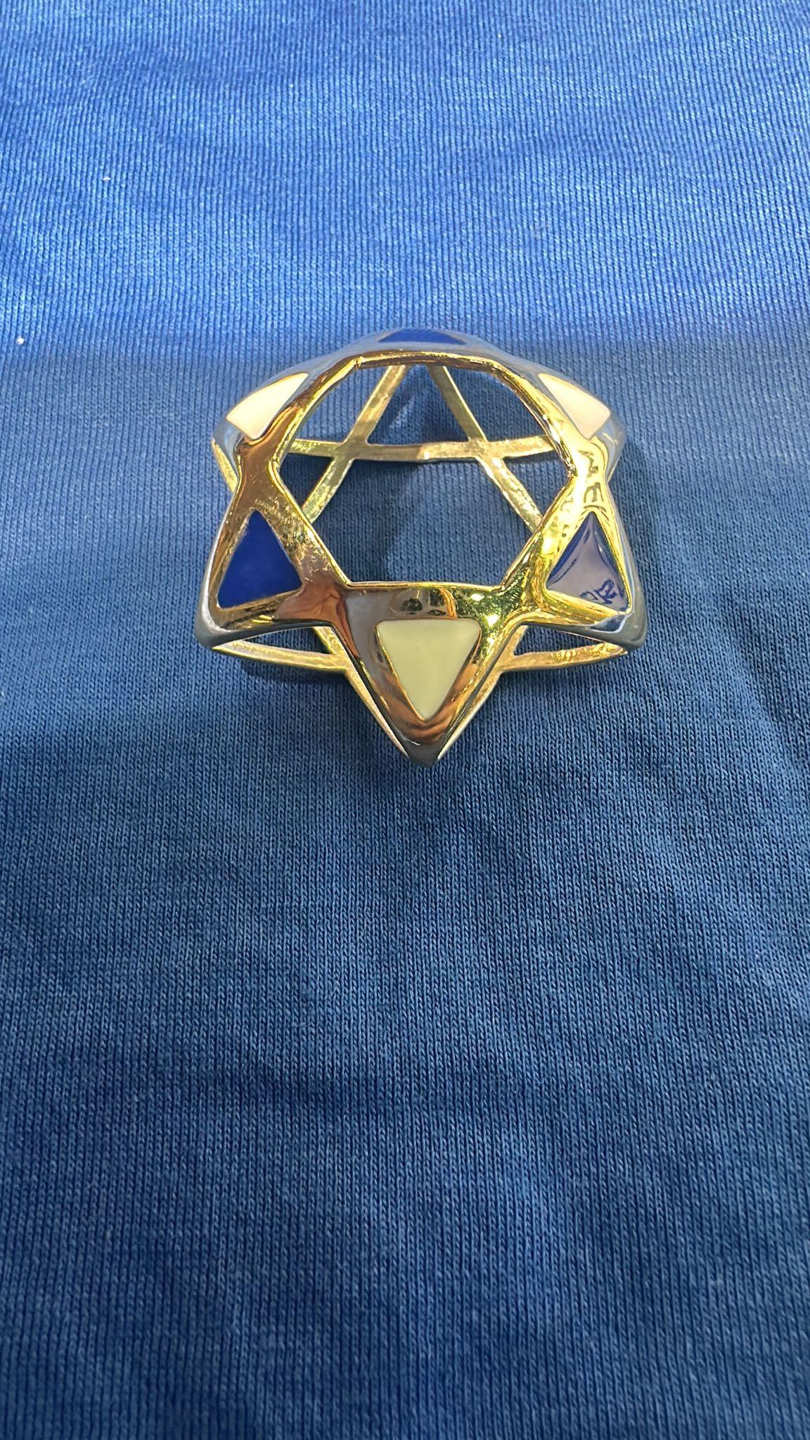Modern Exquisite 14K Gold Star Pendant with Blue & White Enamel by Nikolai Bachmakov For Sale