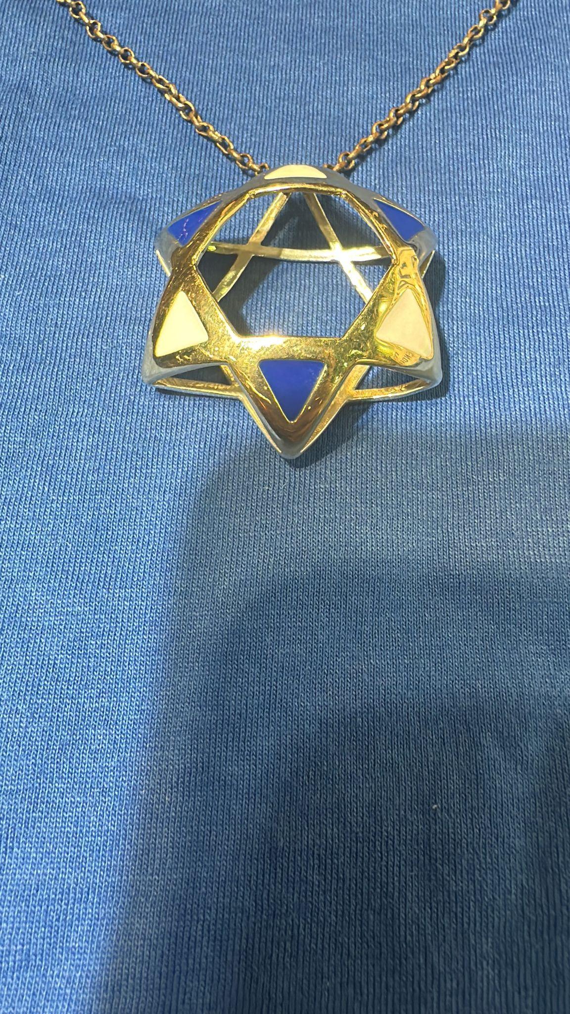 Exquisite 14K Gold Star Pendant with Blue & White Enamel by Nikolai Bachmakov For Sale 2