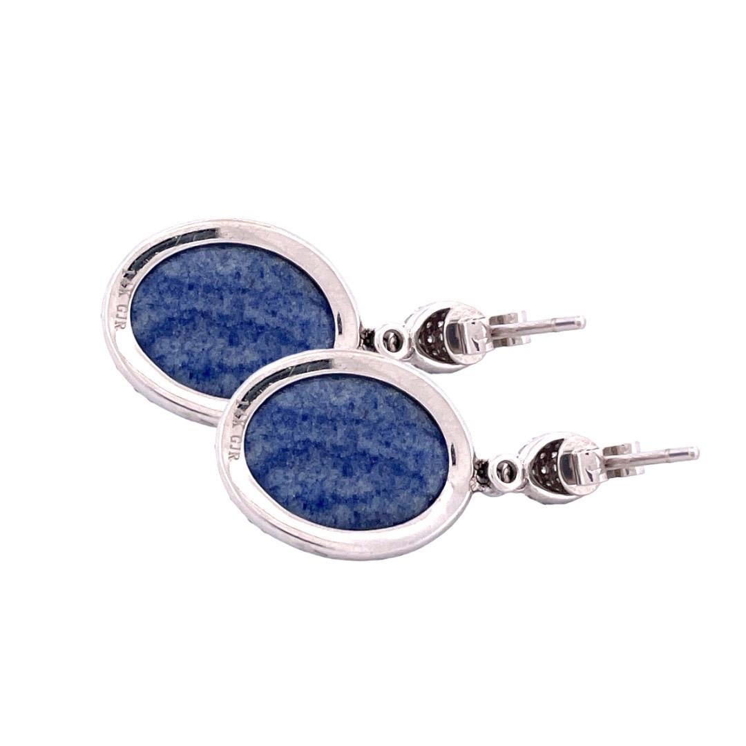 Round Cut Exquisite 14K White Gold Lapis Dangle Earrings For Sale