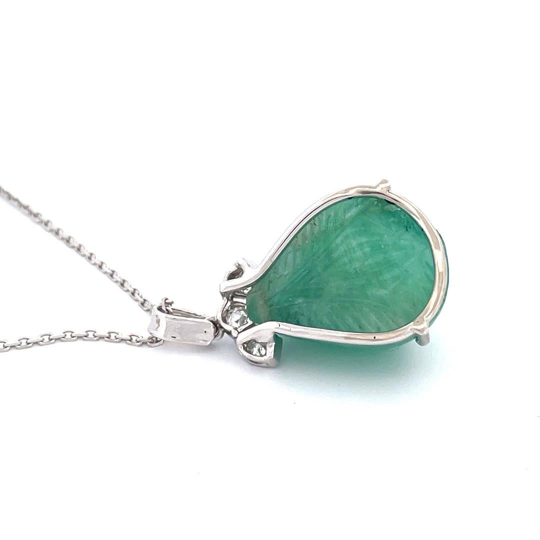Modern Exquisite 14k White Gold Natural Emerald Hand Carved Necklace For Sale