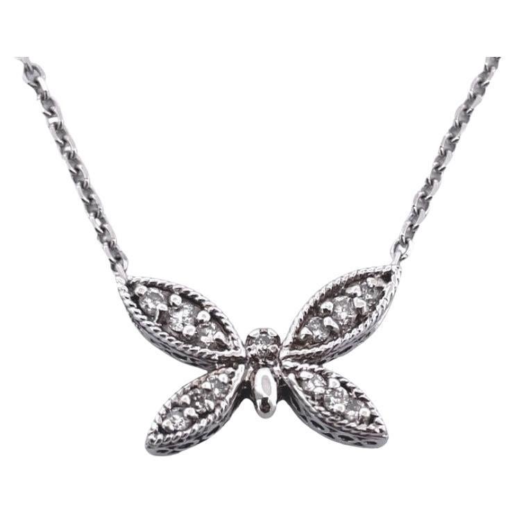 Exquisite 14K White Gold Natural White Diamonds Butterfly Necklace For Sale