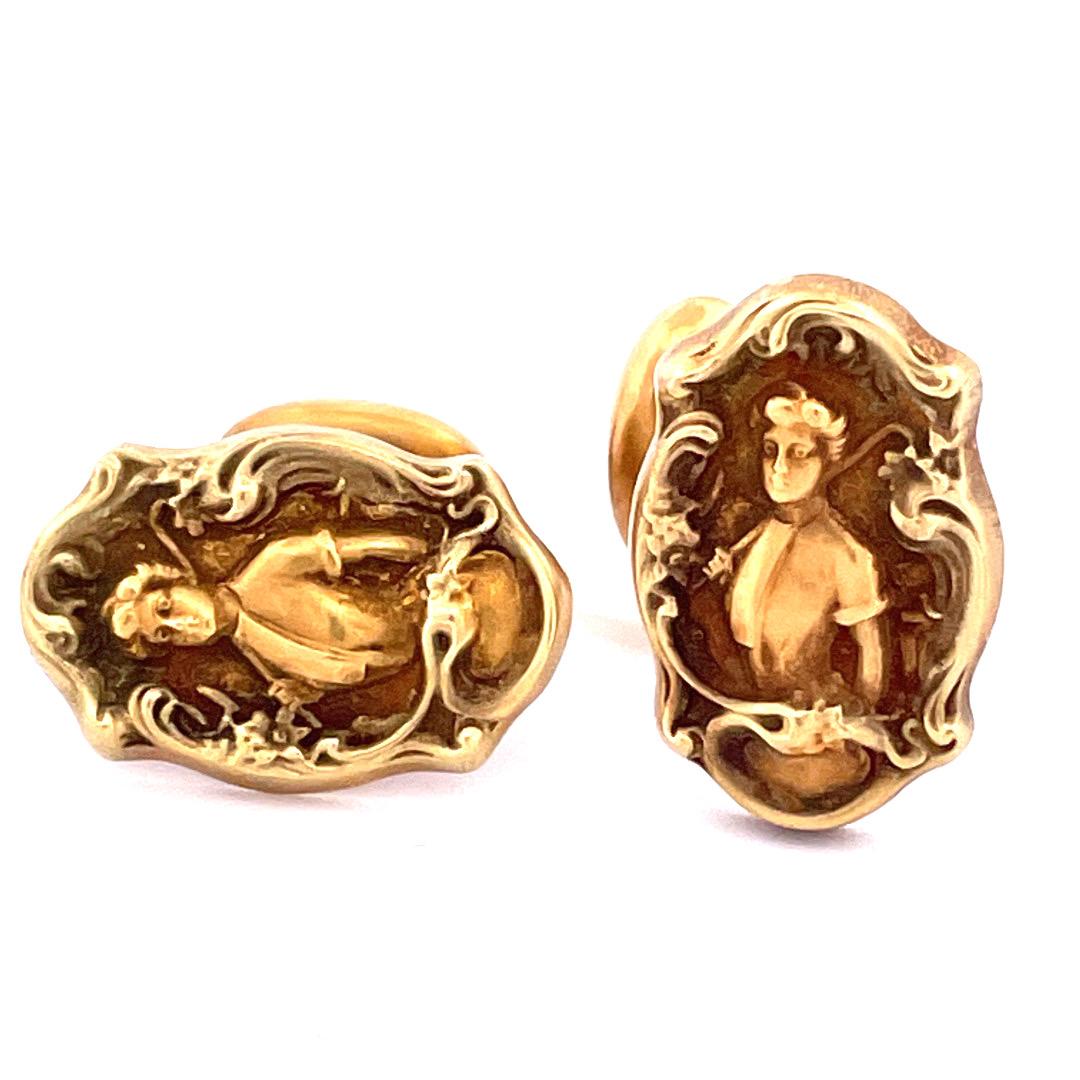 Exquisite 14k Yellow Gold Antique Art Nouveau Cufflinks In New Condition In New York, NY
