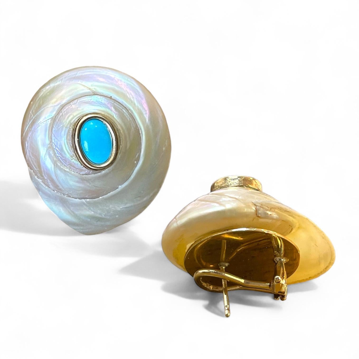 Modern Exquisite 14K Yellow Gold Large Shell Earrings with Turquoise Centers