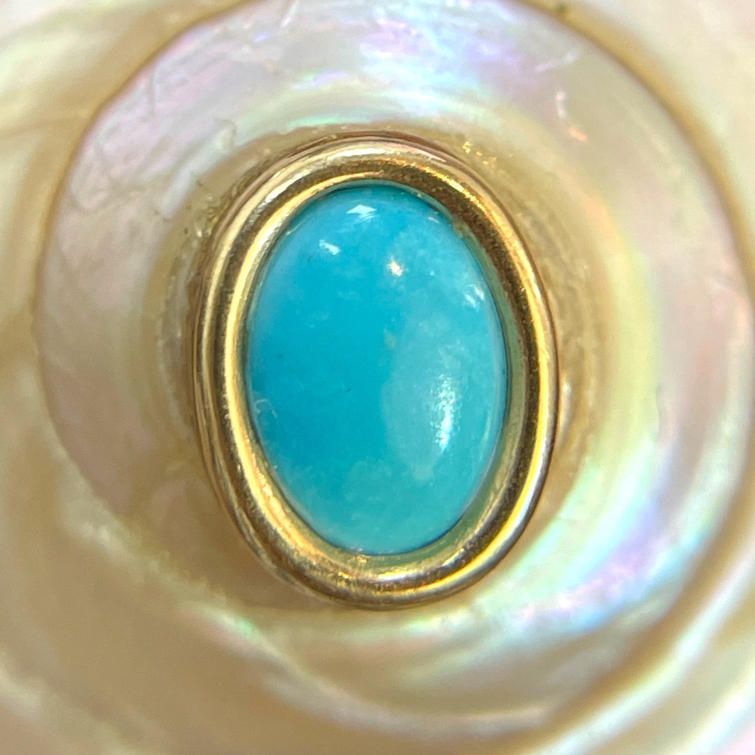 Oval Cut Exquisite 14K Yellow Gold Large Shell Earrings with Turquoise Centers