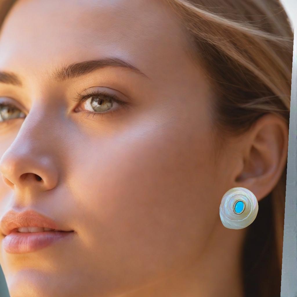 Exquisite 14K Yellow Gold Large Shell Earrings with Turquoise Centers In Excellent Condition In New York, NY