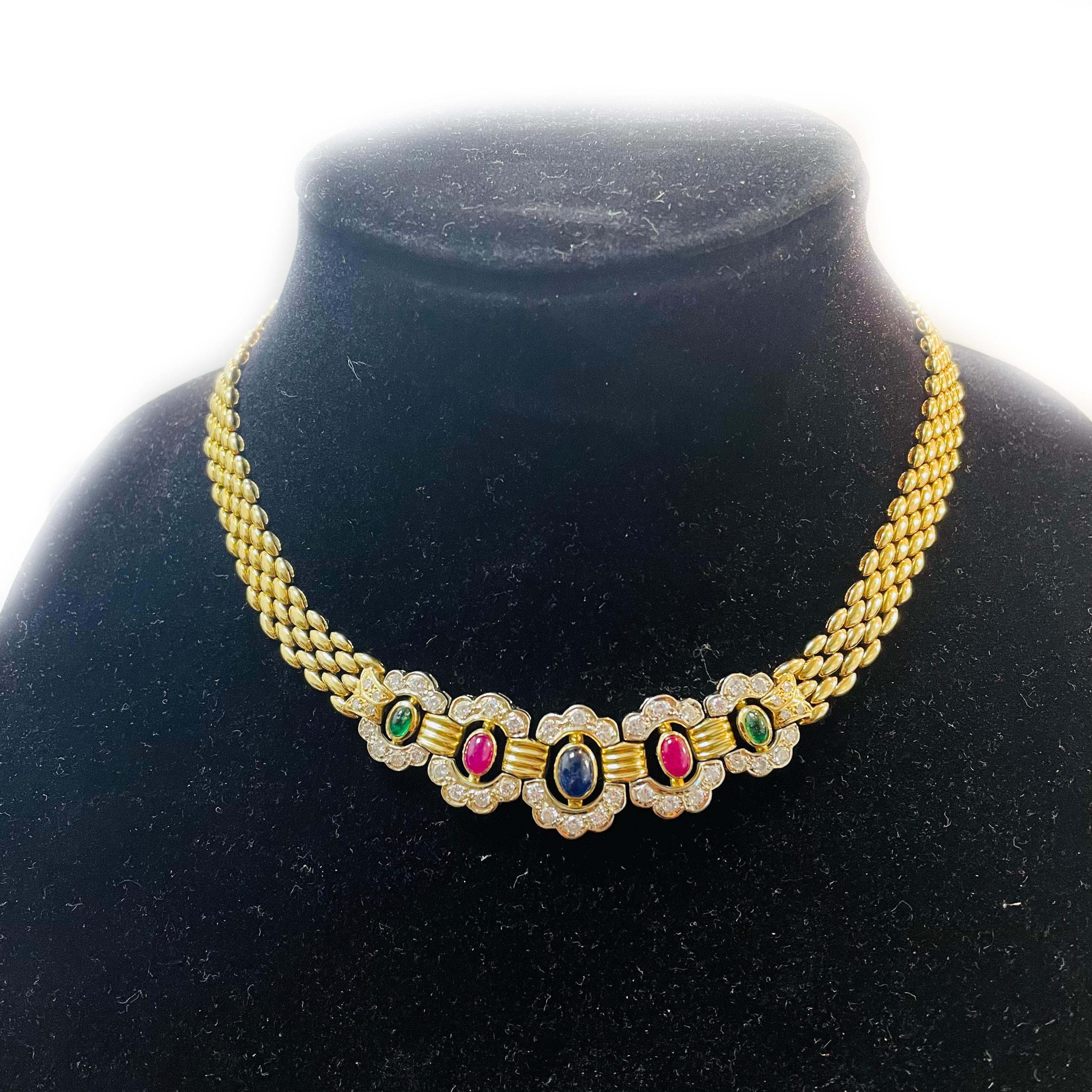 Women's or Men's Exquisite 14k Yellow Gold Multi Gemstone Diamond Necklace