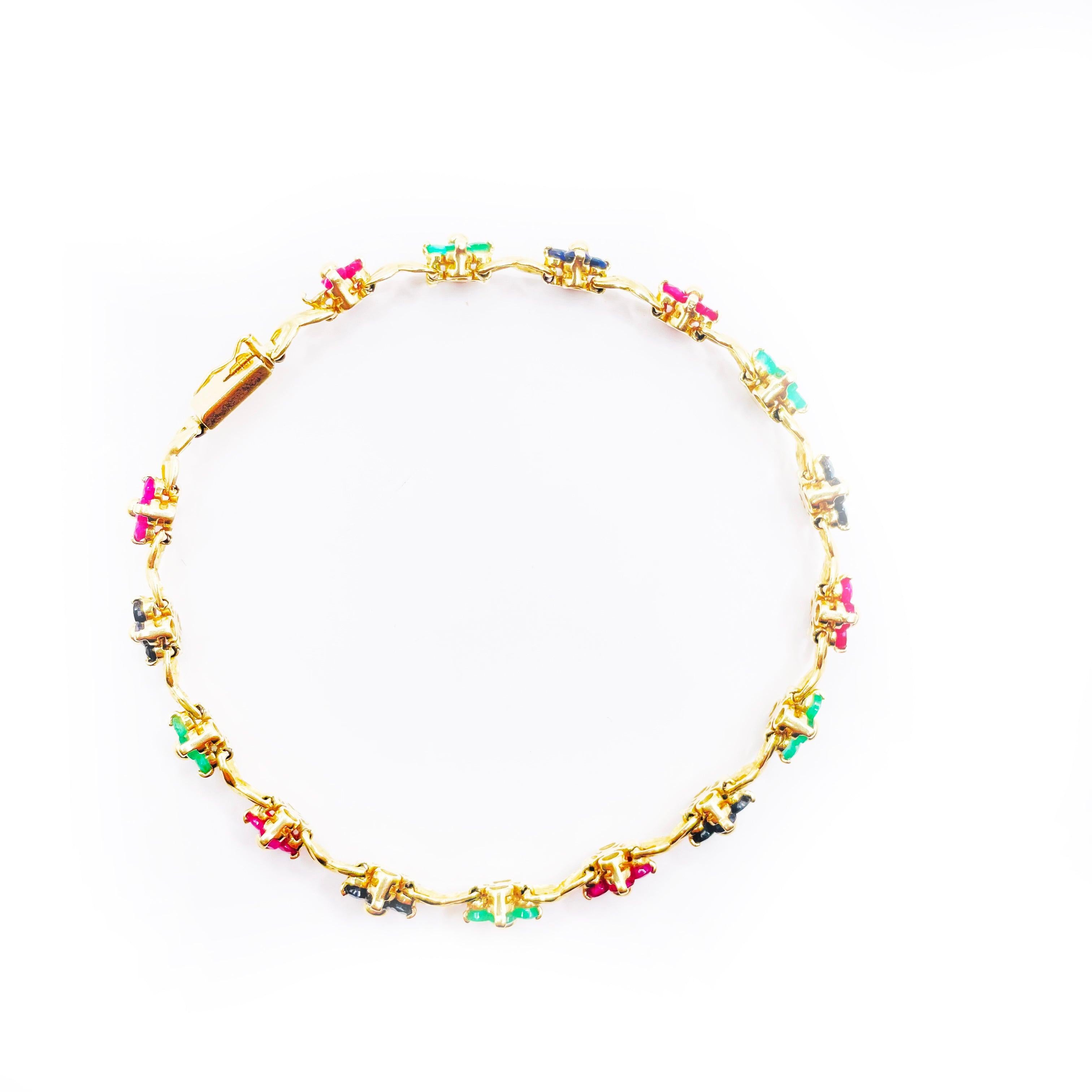 Exquisite 14k Yellow Gold Multicolor Flower Bracelet In New Condition For Sale In New York, NY
