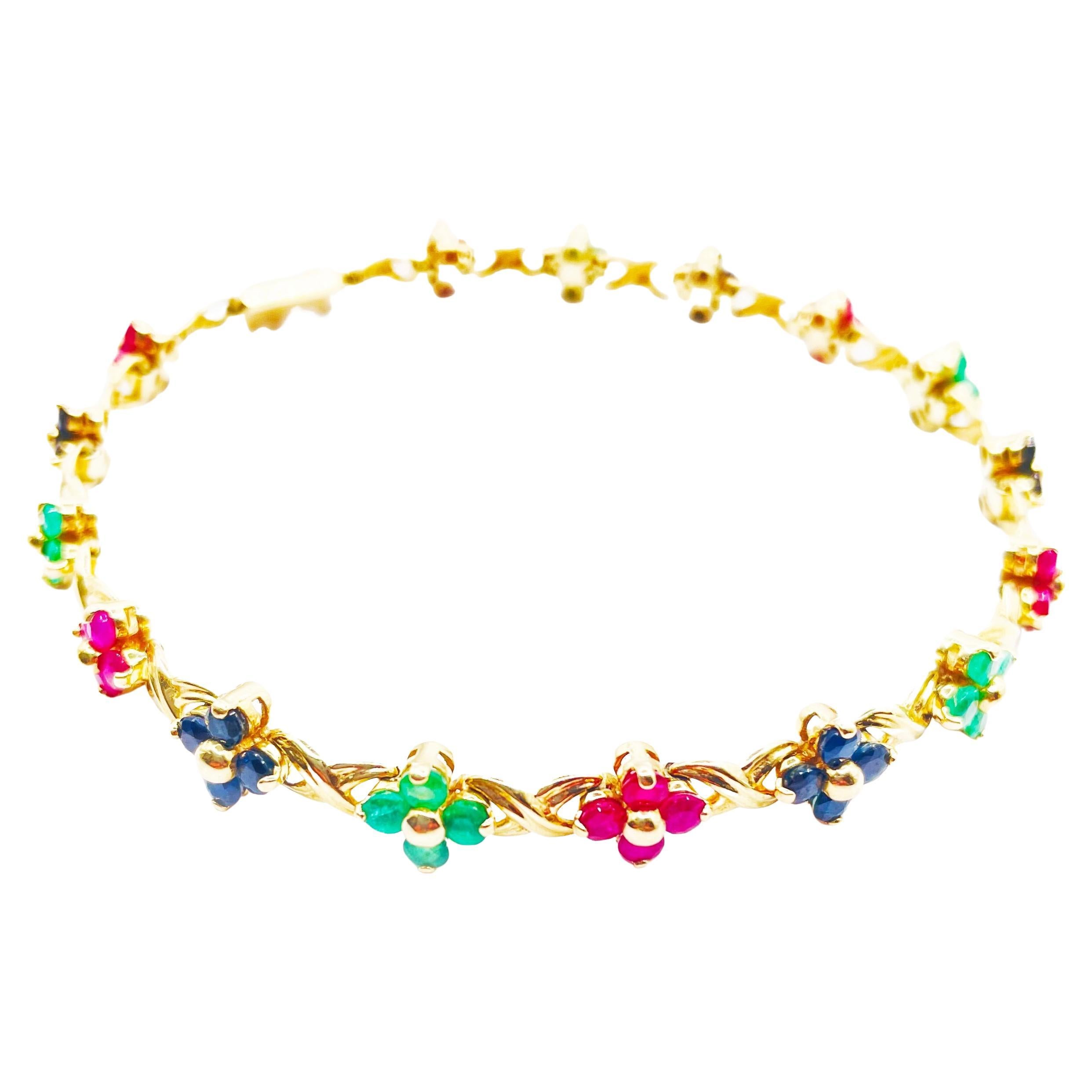 Magnifique bracelet à fleurs multicolore en or jaune 14 carats
