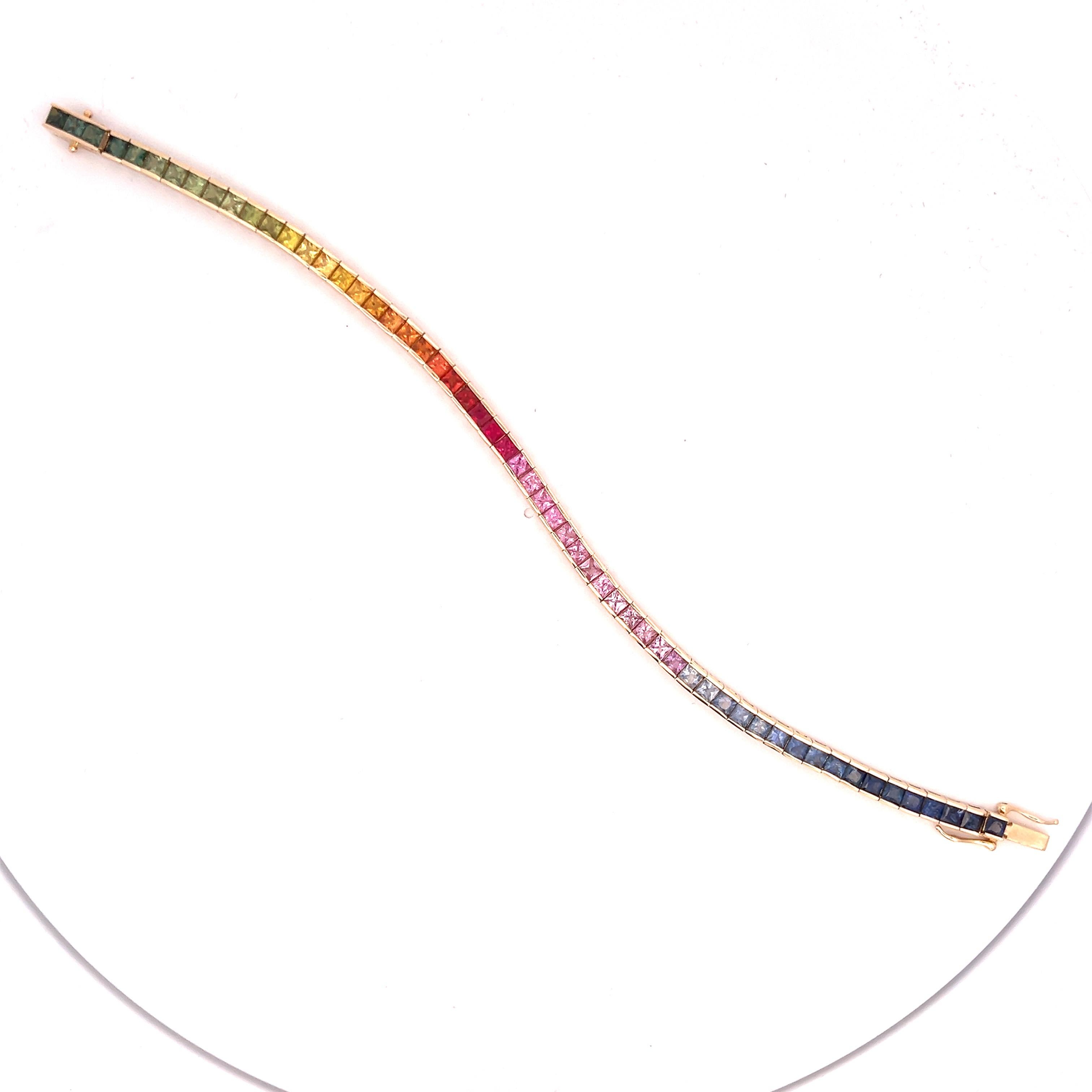 Bracelet exquis en or jaune 14 carats avec saphirs multicolores en vente 1