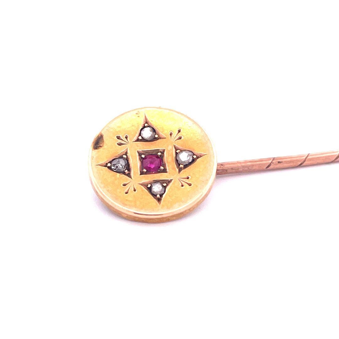 Victorian Exquisite 14k Yellow Gold Ruby and Diamond Pin For Sale
