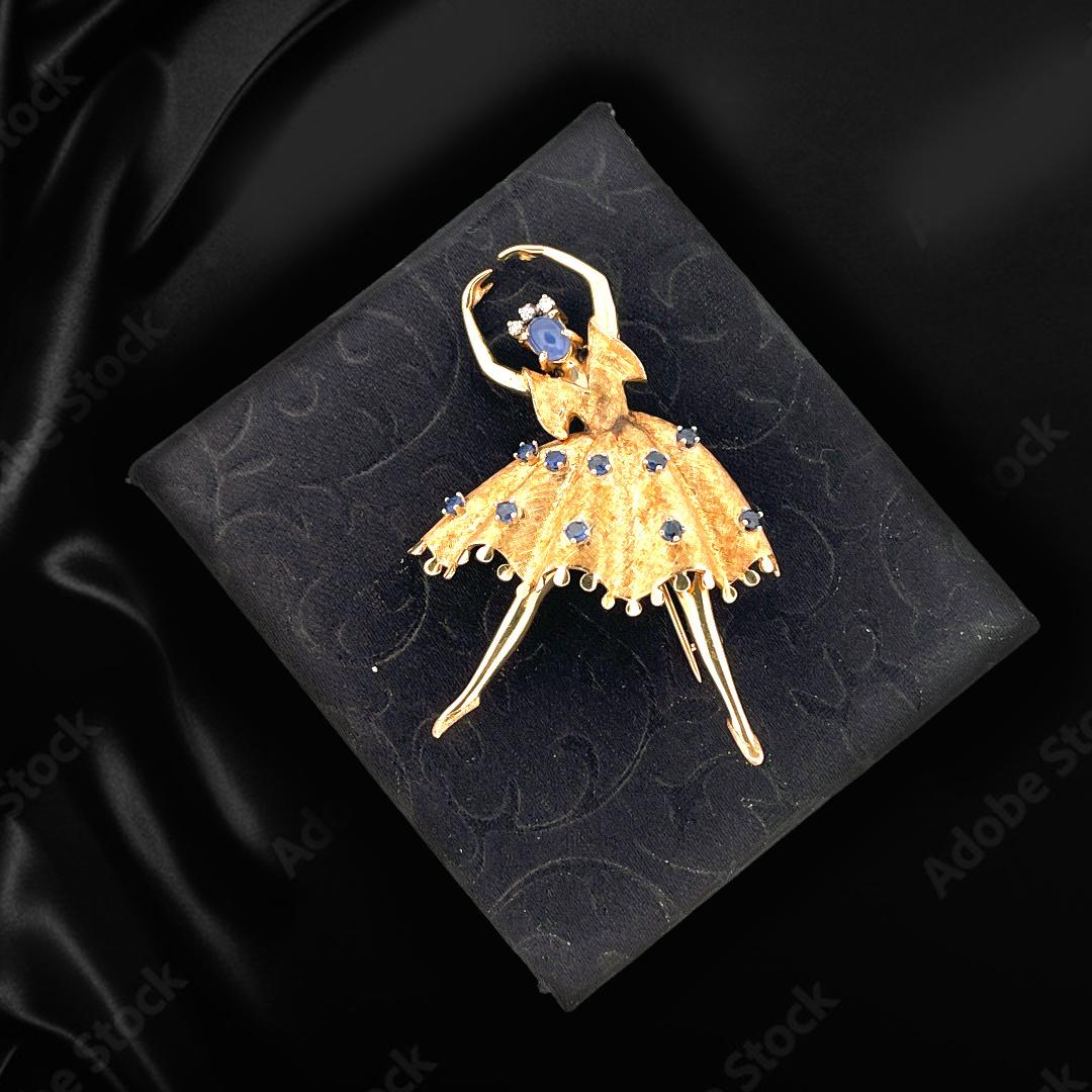 Women's or Men's Exquisite 14karat Yellow Gold Sapphire Ballerina Brooch