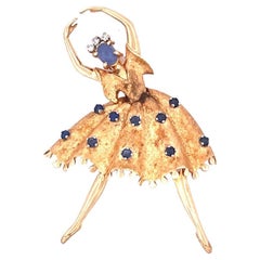 Exquisite 14karat Yellow Gold Sapphire Ballerina Brooch