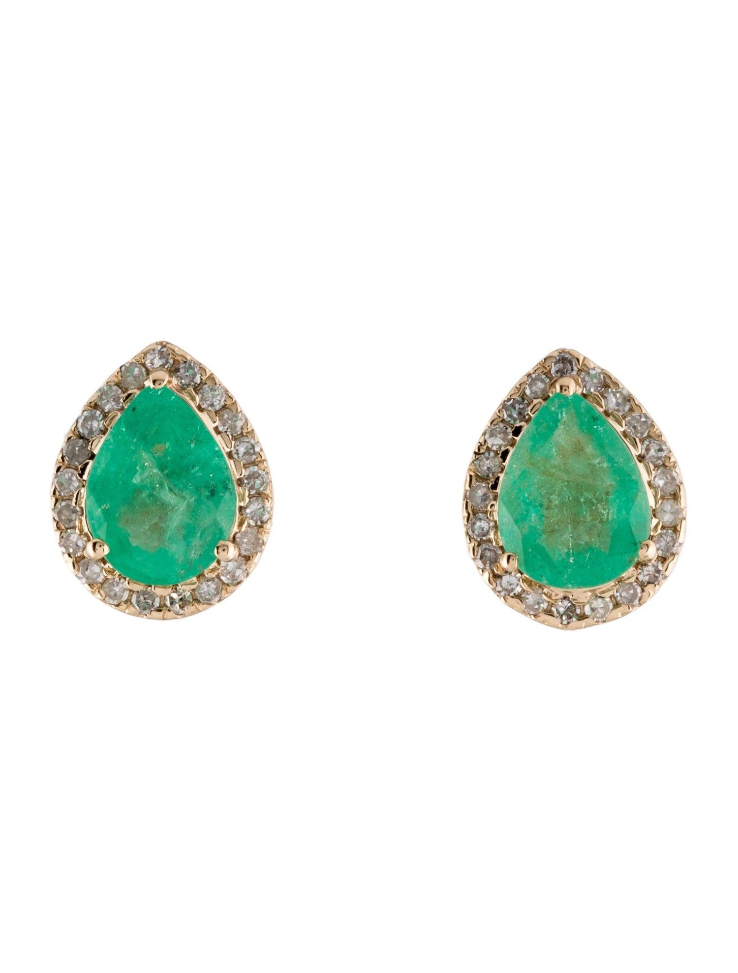Introducing our sophisticated 14K Yellow Gold Stud Earrings, each adorned with a stunning 1.88 carat faceted pear-shaped Emerald, framed by forty-two near colorless, single-cut Diamonds totaling 0.26 carats. These earrings epitomize elegance,