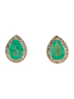 Exquisite 14K Yellow Gold Stud Earrings with Pear-Shaped Emeralds and Diamond 