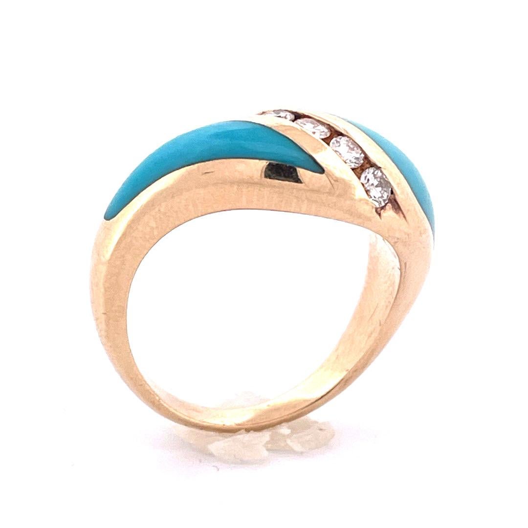 ndulge in the beauty of our 14k yellow gold turquoise diamond ring. This stunning piece features a vibrant turquoise gemstone elegantly divided by five dazzling diamonds, totaling 0.25 carats. The ring's weight of 7.2 grams adds to its substantial
