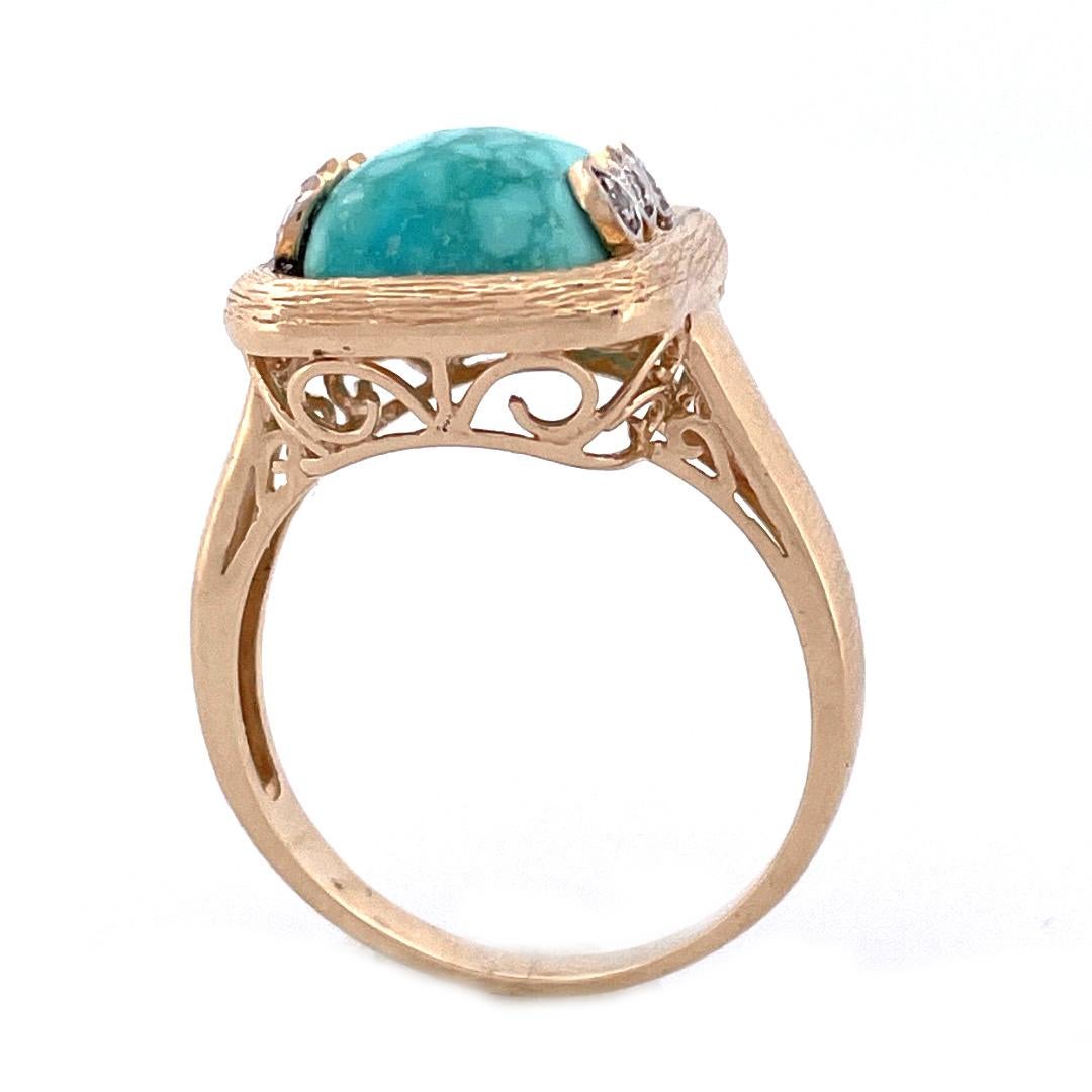 Exquisite 14k Yellow Gold Turquoise Diamond Ring

Indulge in the captivating beauty of this stunning 14k yellow gold ring adorned with a rounded corner square turquoise stone at its center.Enhancing its allure, three sparkling diamonds on each side