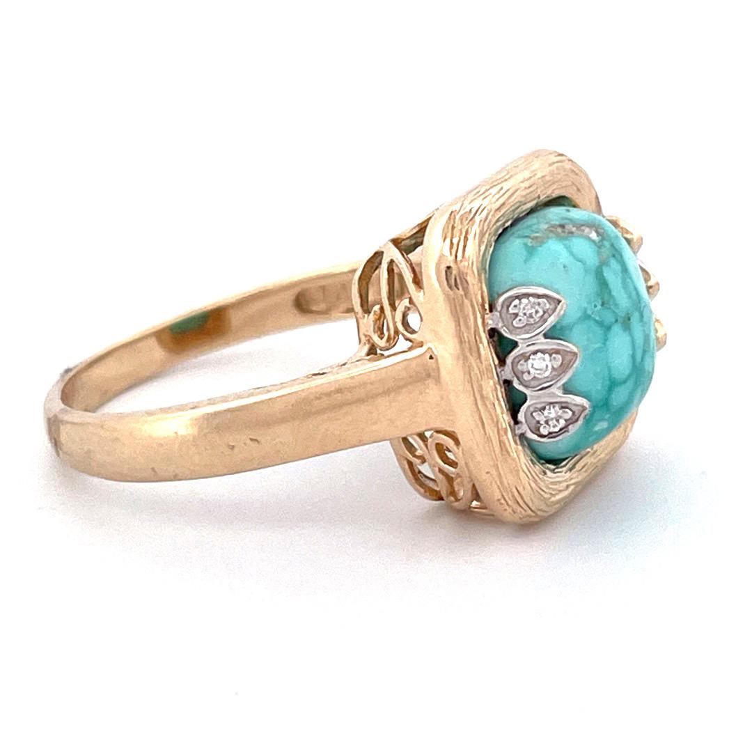 Retro Exquisite 14k Yellow Gold Turquoise Diamond Ring For Sale