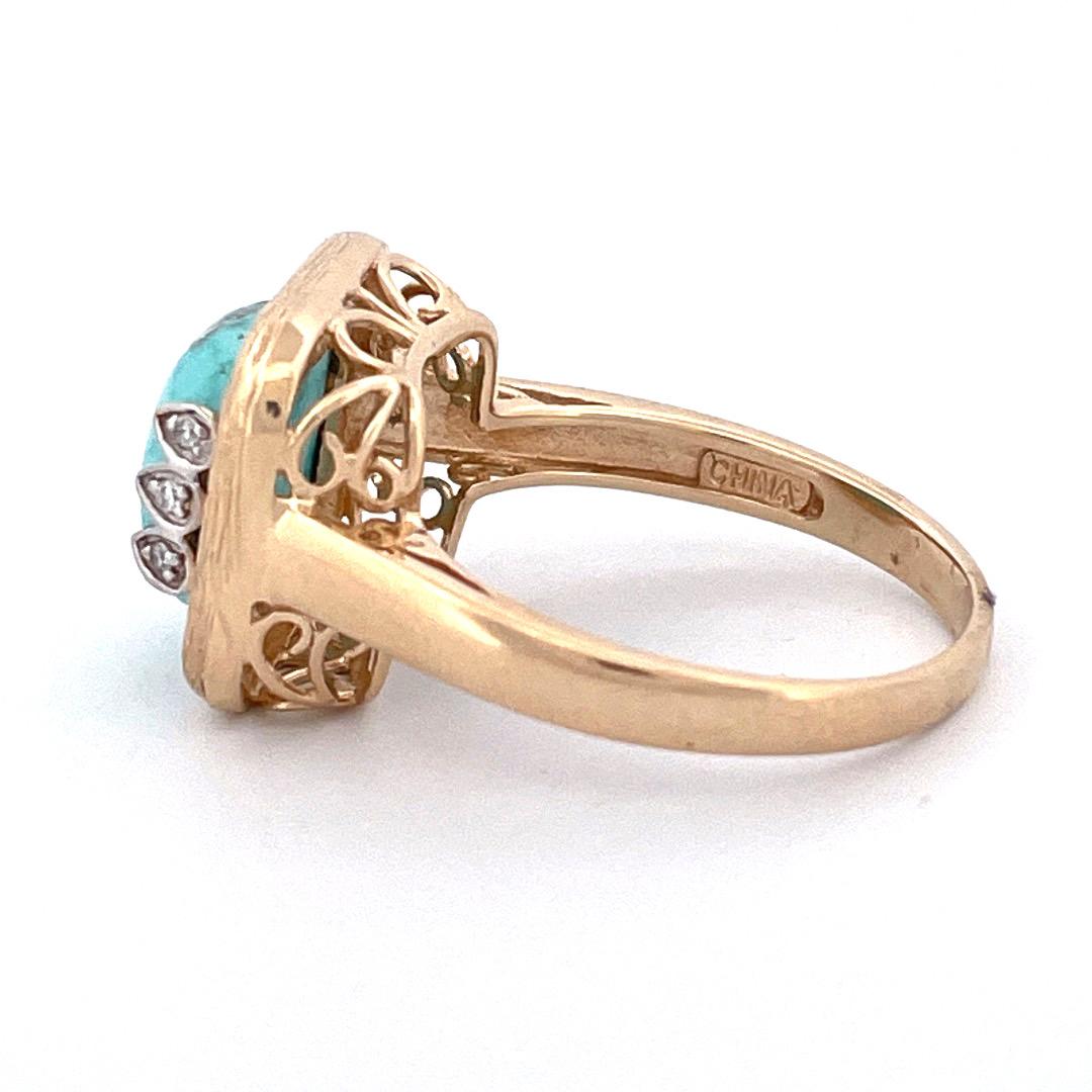 Exquisite 14k Yellow Gold Turquoise Diamond Ring In New Condition In New York, NY