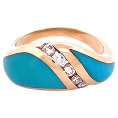 Magnifique bague en or jaune 14 carats avec turquoise et diamants