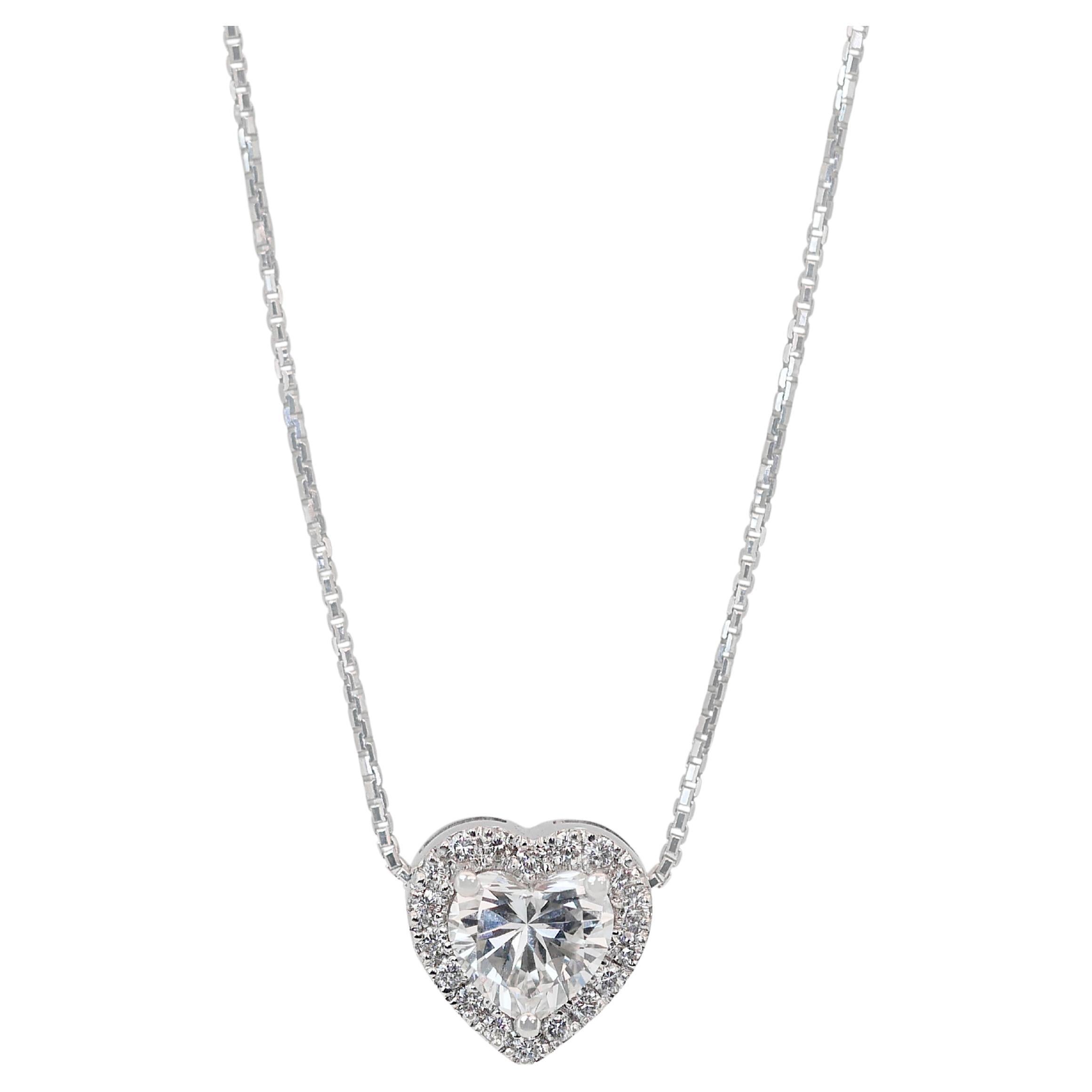 Exquisite 1.51ct Diamonds Halo Necklace with Pendant in 18k White Gold - GIA