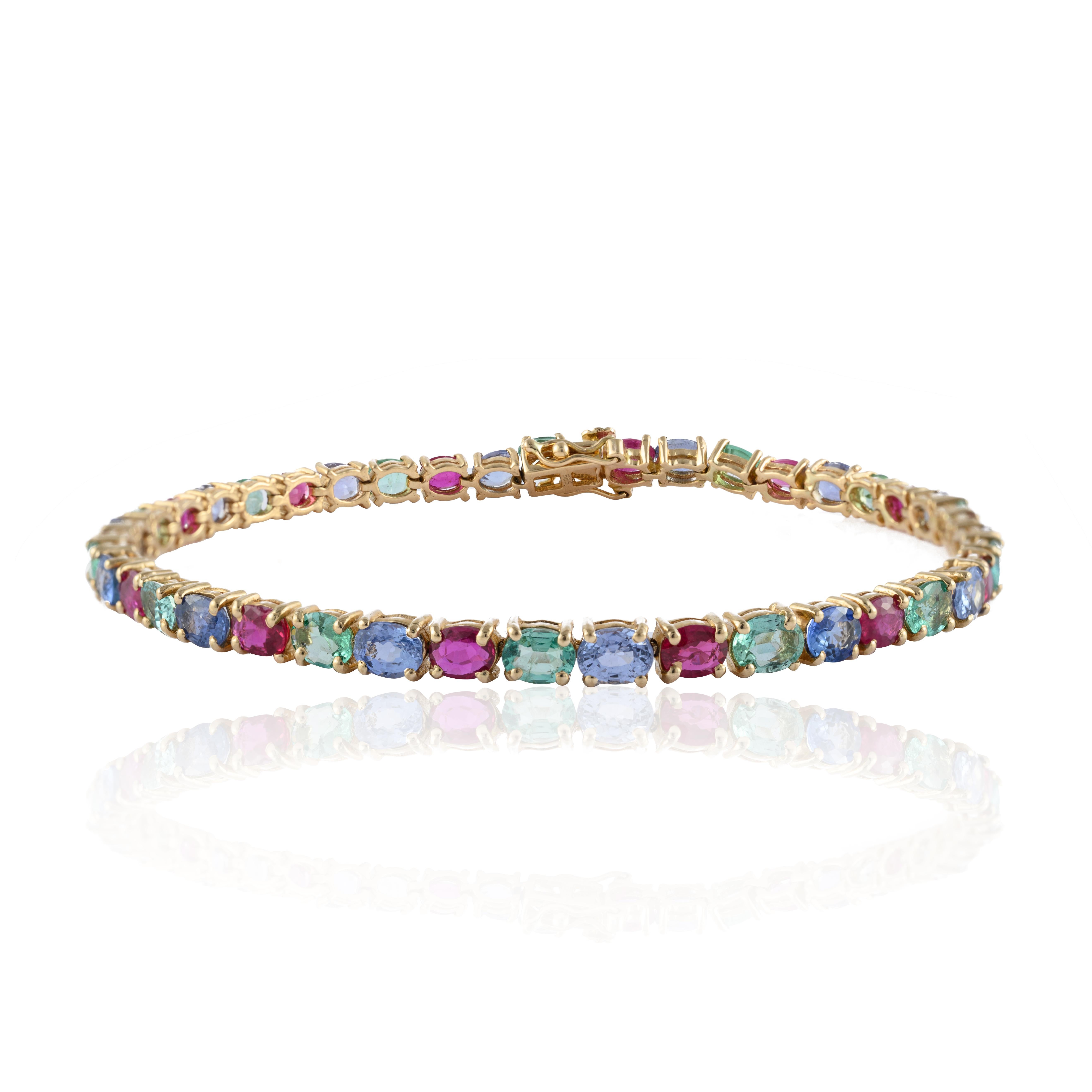 Oval Cut Exquisite 15.25 Carat Emerald, Ruby and Sapphire 14k Yellow Gold Tennis Bracelet For Sale