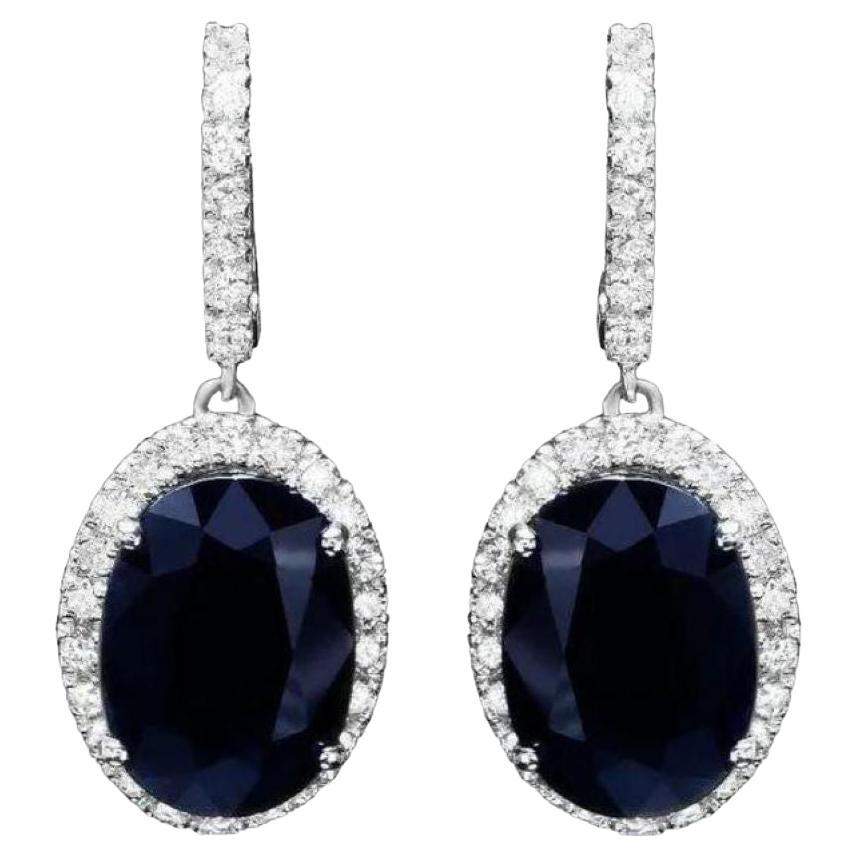 Exquisite 15.30Ct Natural Sapphire and Diamond 14K Solid White Gold Earrings For Sale