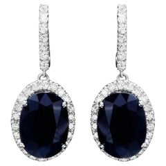 Exquisite 15.30Ct Natural Sapphire and Diamond 14K Solid White Gold Earrings