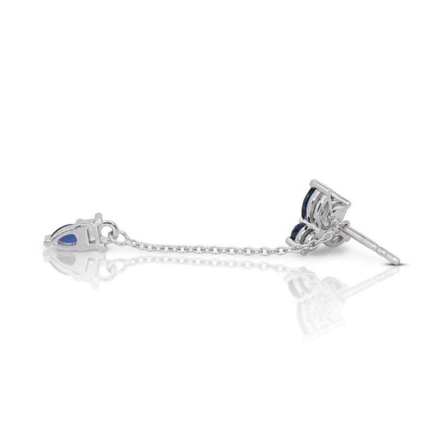Women's Exquisite 1.55 Carat Round Brilliant & Pear Sapphire  Earrings in 18K White Gold For Sale