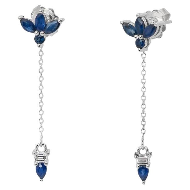 Exquisite 1.55 Carat Round Brilliant & Pear Sapphire  Earrings in 18K White Gold For Sale