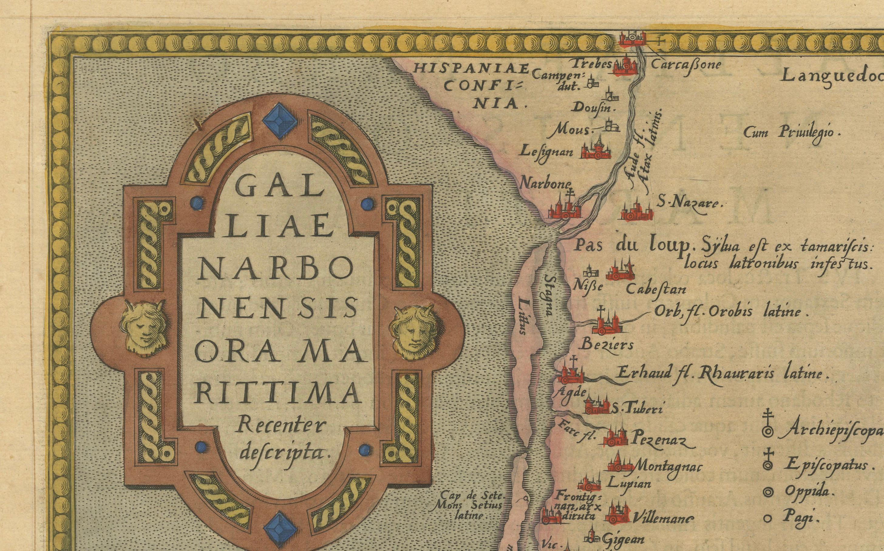 Splendida mappa di Ortelius del 1580 della regione costiera di Narbonne, Francia In condizioni buone in vendita a Langweer, NL