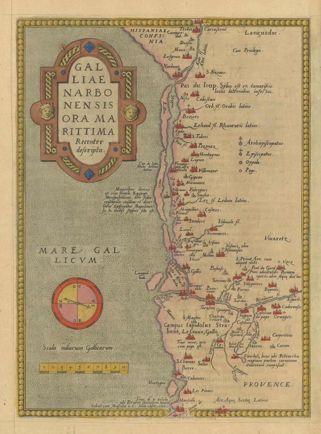 Fino al XVIII secolo Splendida mappa di Ortelius del 1580 della regione costiera di Narbonne, Francia in vendita
