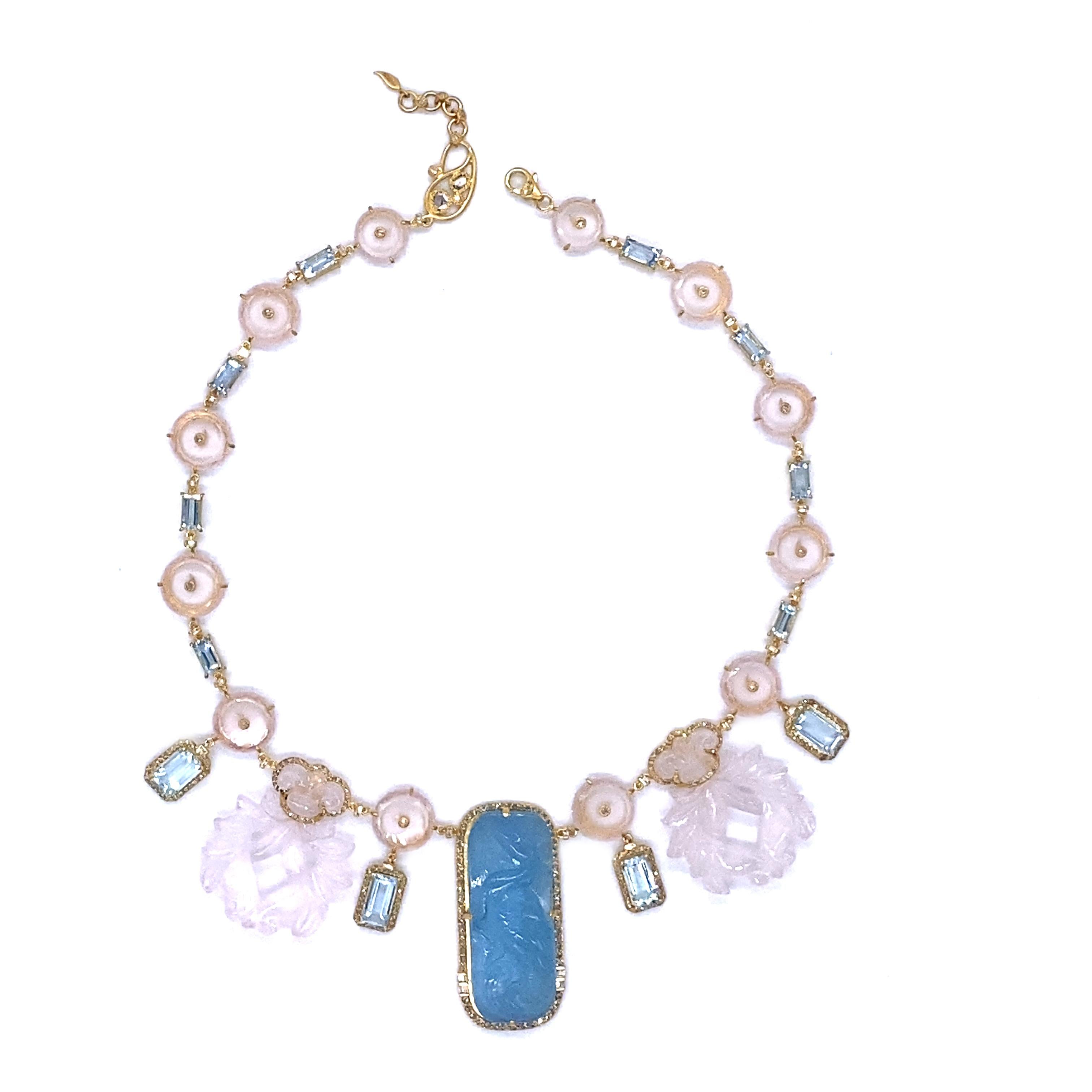 Rose Quartz Necklace with 161.53 Carat Rose Quartz, 81.39 Carat Aquamarine, and 4.28 Carat Diamonds. The Necklace and Individual Stones Are Designed On A 20 Karat Yellow Gold Chain With A Clasp.