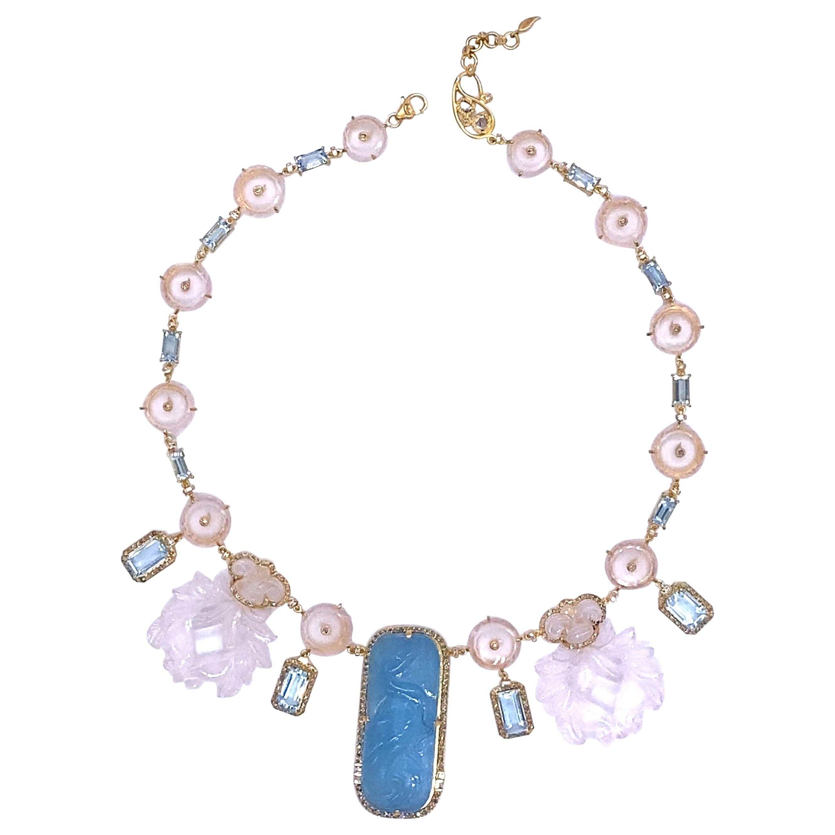 Exquisite 161.53 Carat Rose Quartz Necklace Set in 20 Karat Yellow Gold For Sale