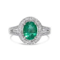 Exquisite 1.62ct Green Oval Emerald & Diamond Ring in 14k White Gold