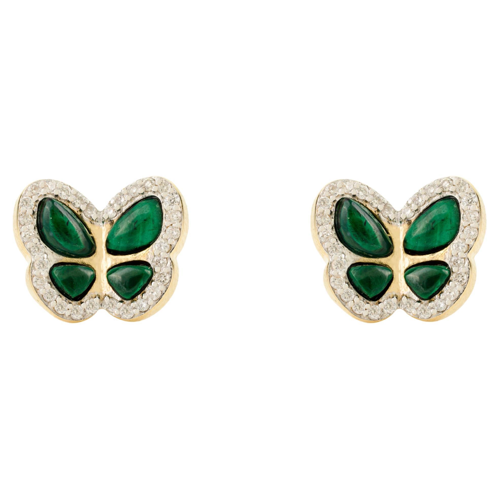 Squisiti orecchini a perno con diamante e malachite da 1,63 CTW in oro giallo 14k
