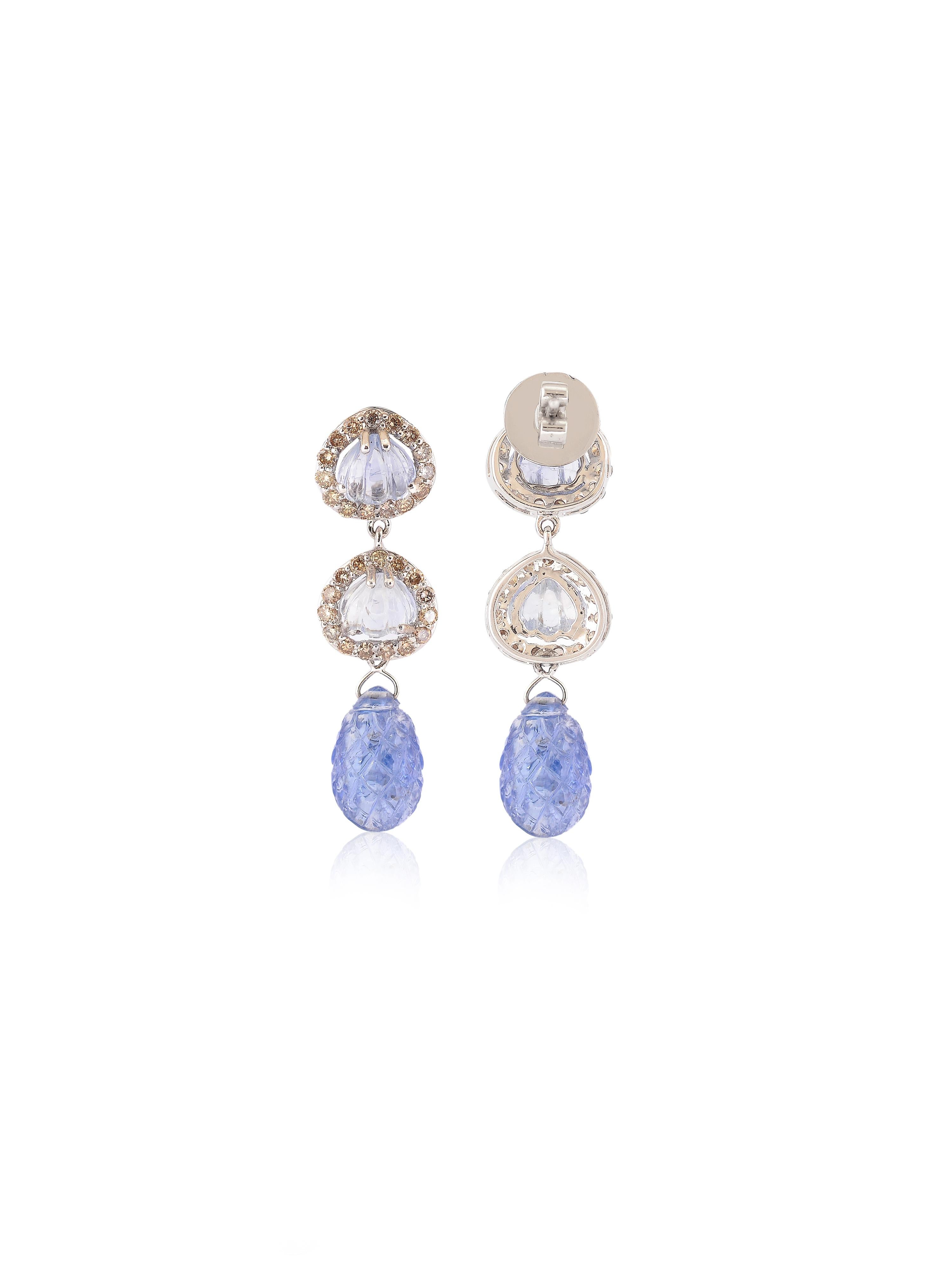 Art Deco Exquisite 16.49 Carats Natural Carved Sapphire Dangling Earring Pair For Sale