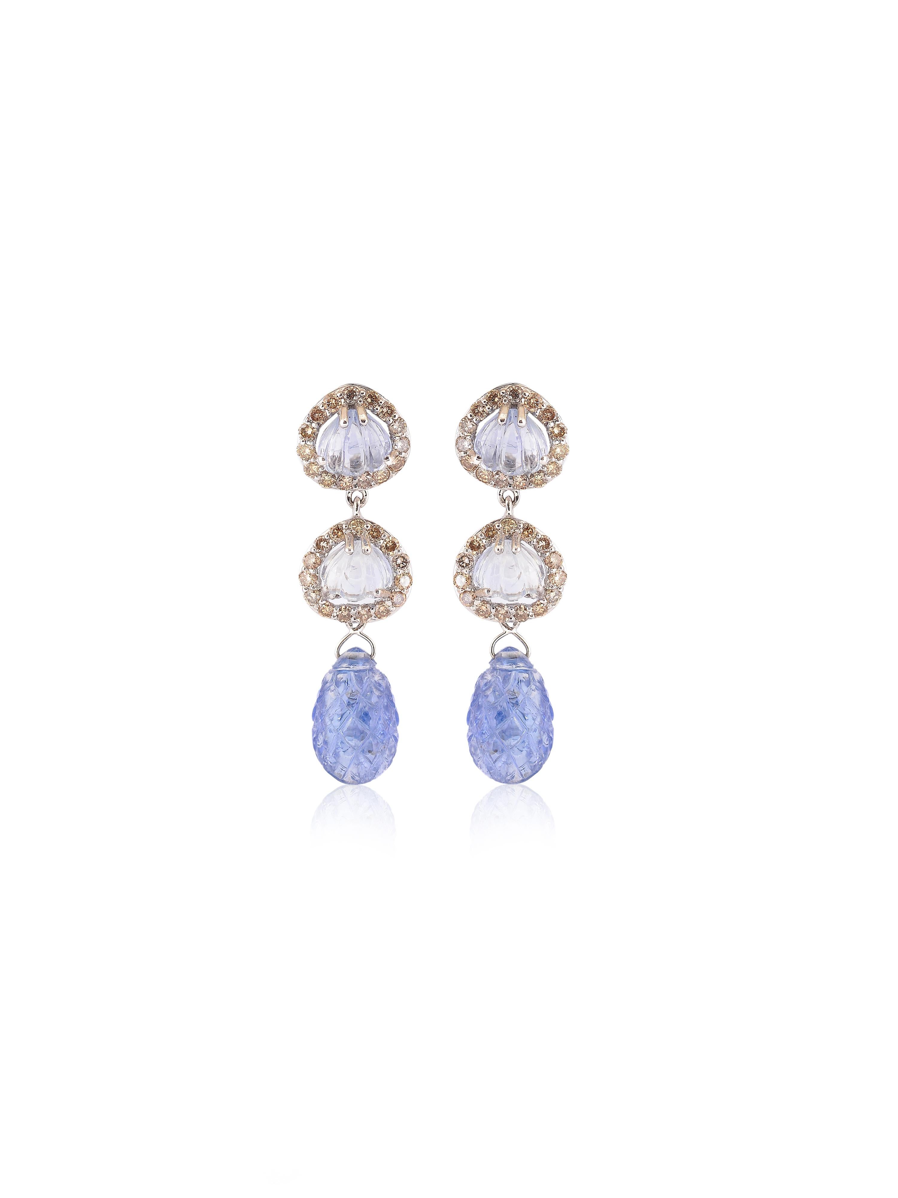 Cabochon Exquisite 16.49 Carats Natural Carved Sapphire Dangling Earring Pair For Sale