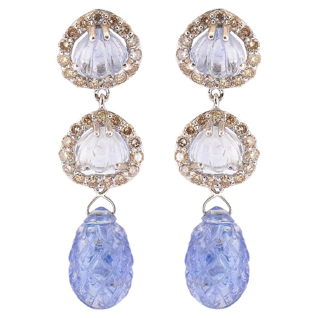 Exquisite 16.49 Carats Natural Carved Sapphire Dangling Earring Pair For Sale