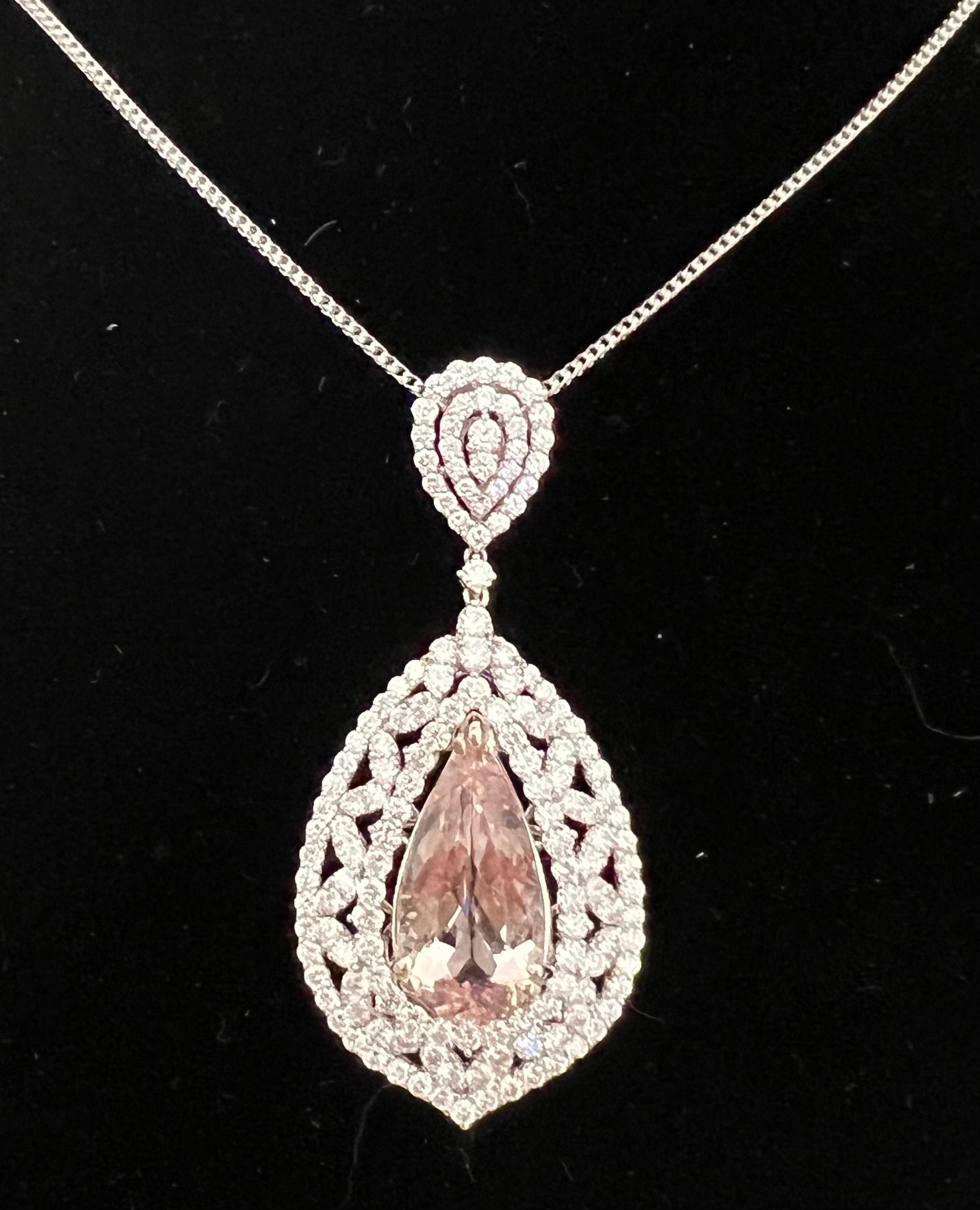 Artisan Exquisite 17 Carat Pink Morganite and Diamond Pendant Necklace in 18K White Gold For Sale