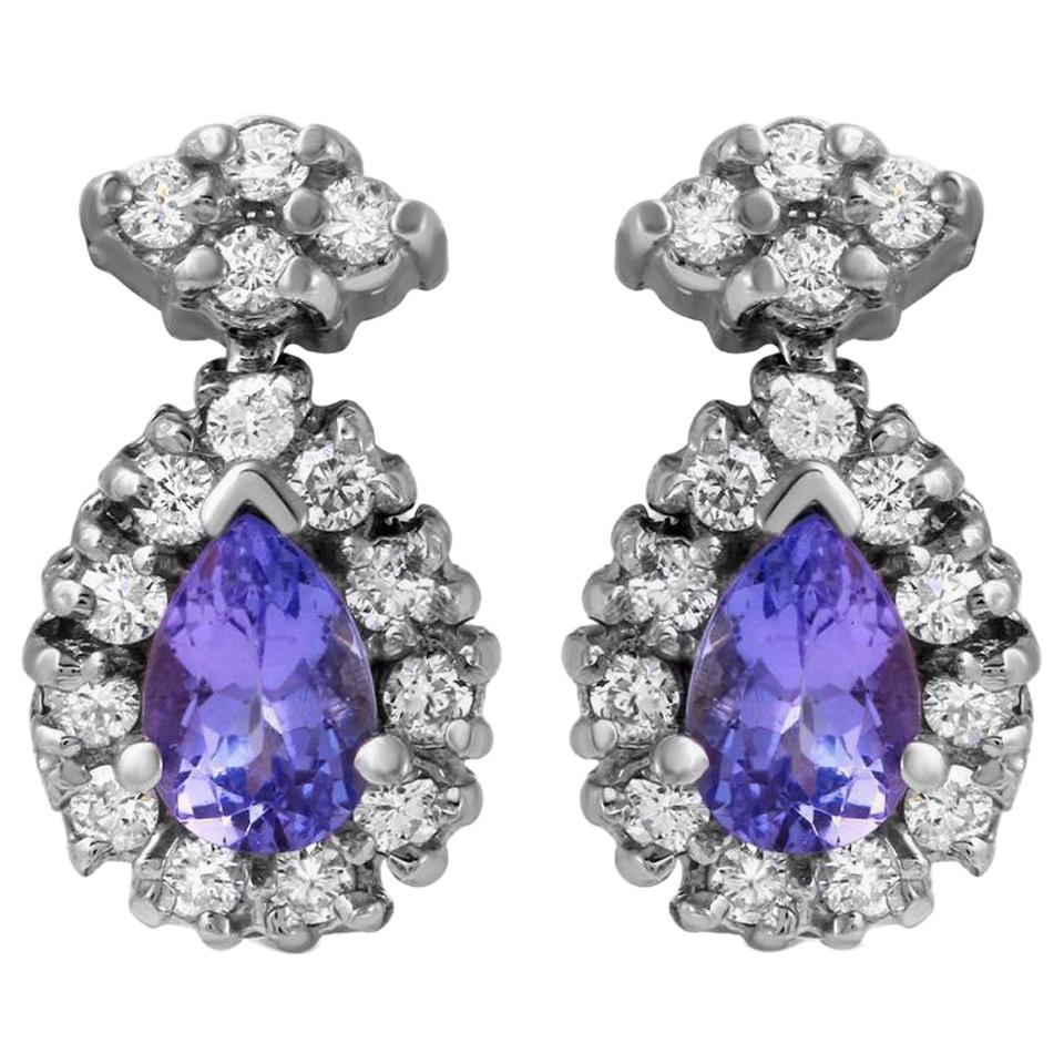 Exquisite 1.75 Carat Natural Tanzanite and Diamond 14K Solid White Gold Stud For Sale