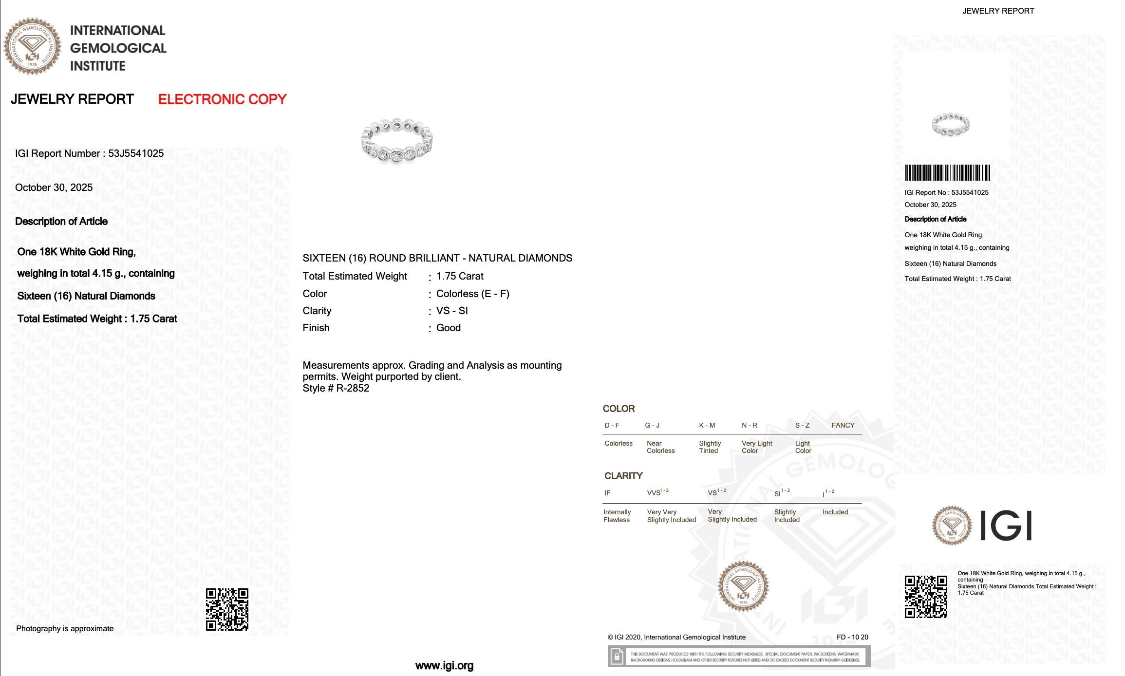 Exquisite 1,75ct Diamanten Eternity Ring in 18k Weißgold - IGI zertifiziert Damen im Angebot