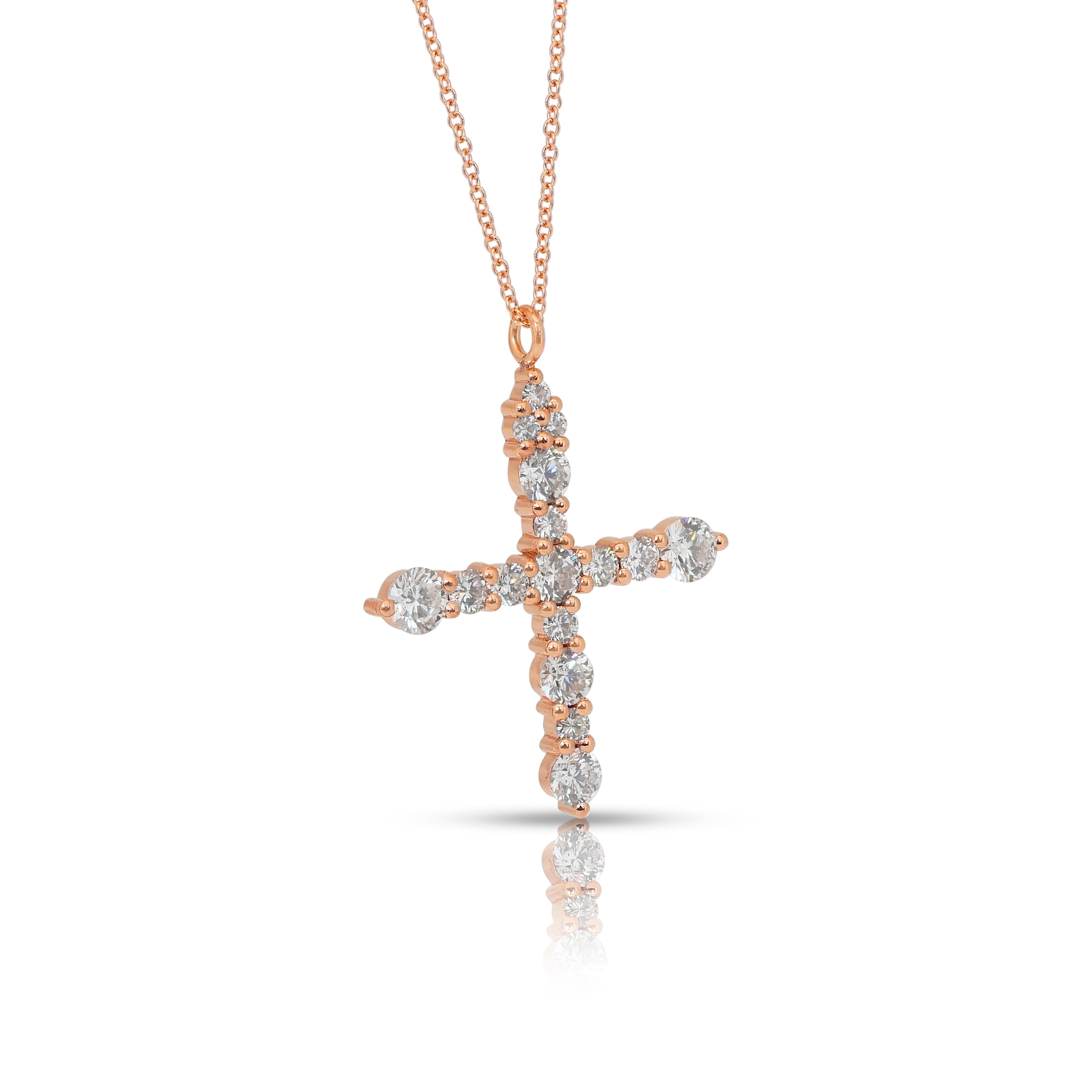 Exquisite 1.78ct Diamonds Necklace with Cross Pendant in 18k Rose Gold - IGI Certified

Radiating grace and brilliance, this exquisite cross necklace is crafted in 18k rose gold and set with 16 round-cut diamonds totaling 1.78 carats. Delicately