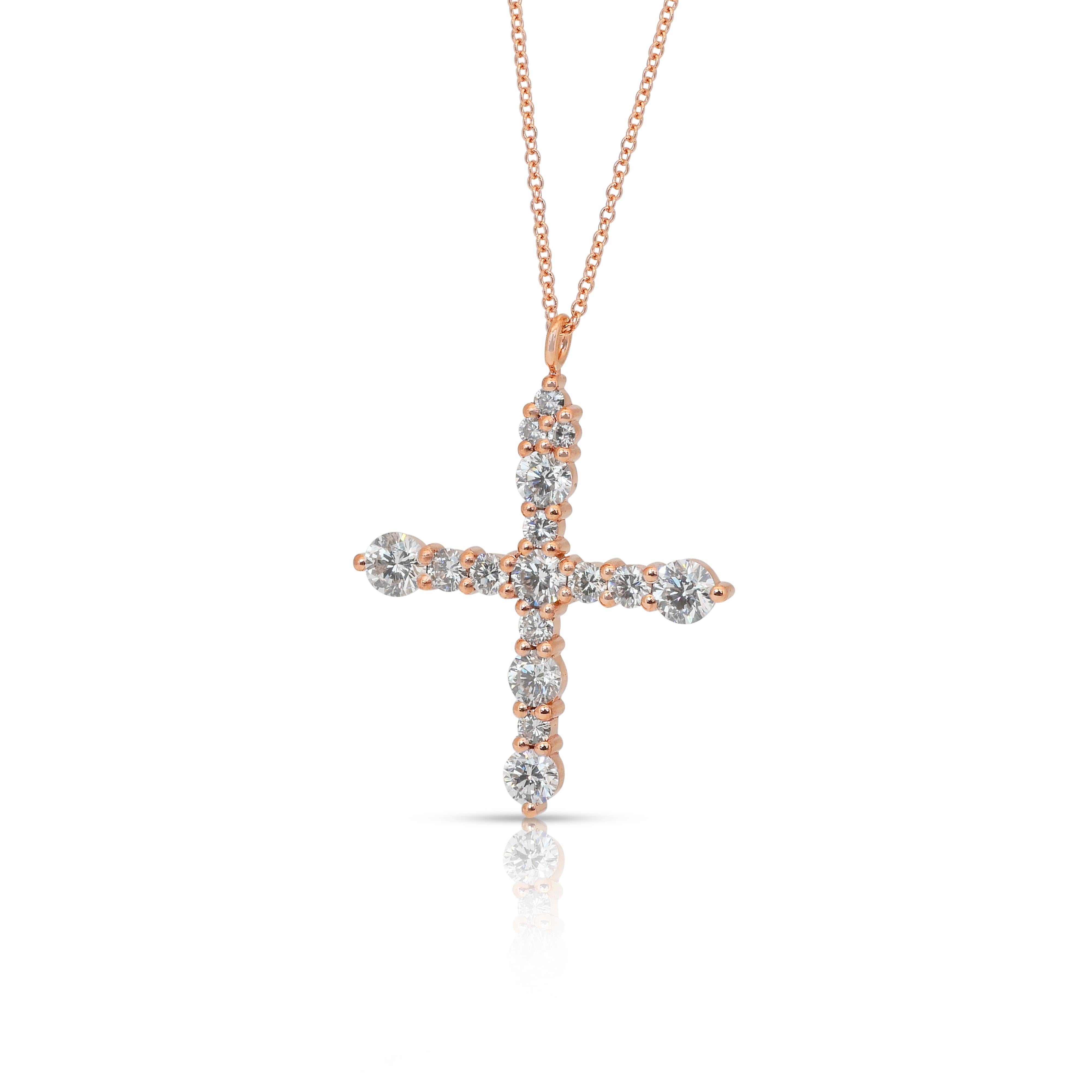 Exquisite 1.78ct Diamonds Necklace with Cross Pendant in 18k Rose Gold Corte redondo en venta